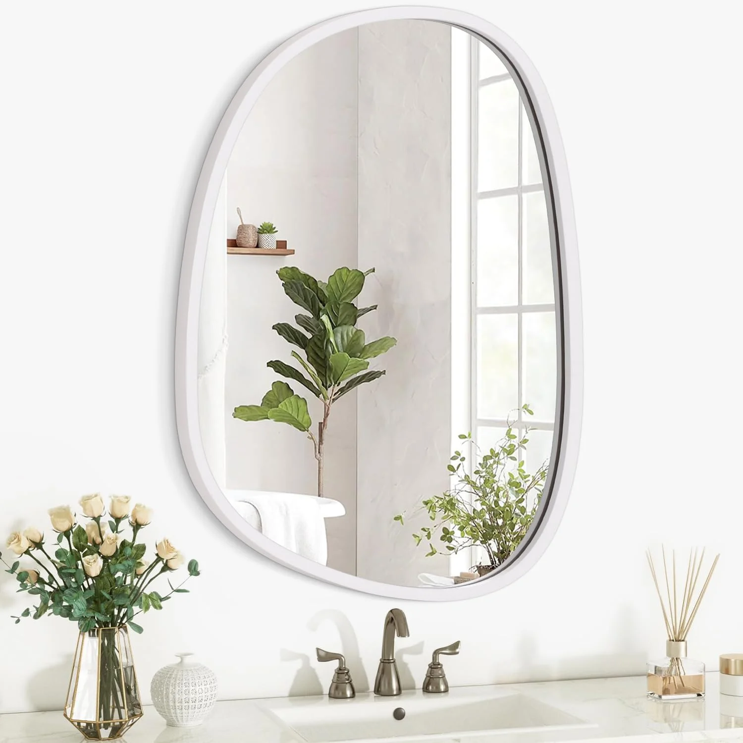 آینه های آویز نامتقارن، آینه دیواری نامنظم با قاب چوبی سفید، آینه های بیضی شکل تزئینی دیواری، آینه کوچک آرایشی دیواری برای اتاق نشیمن منزل، اتاق خواب، راهرو، ورودی آینه های آویز نامتقارن، آینه دیواری نامنظم با قاب چوبی سفید، آینه های بیضی شکل تزئینی دیواری، آینه کوچک آرایشی دیواری برای اتاق نشیمن منزل، اتاق خواب، راهرو، ورودی