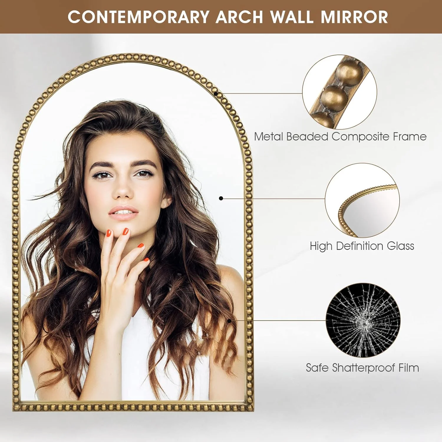 آینه دیواری قوسی برای حمام - آینه تزئینی با قاب فلزی مهره دار 60x90 سانتی متر، آینه دکوراتیو بزرگ مدرن روستایی با روکش کهنه کاری شده برای سرویس بهداشتی، اتاق خواب، اتاق نشیمن، ورودی، طلایی عتیقه آینه دیواری قوسی برای حمام - آینه تزئینی با قاب فلزی مهره دار 60x90 سانتی متر، آینه دکوراتیو بزرگ مدرن روستایی با روکش کهنه کاری شده برای سرویس بهداشتی، اتاق خواب، اتاق نشیمن، ورودی، طلایی عتیقه