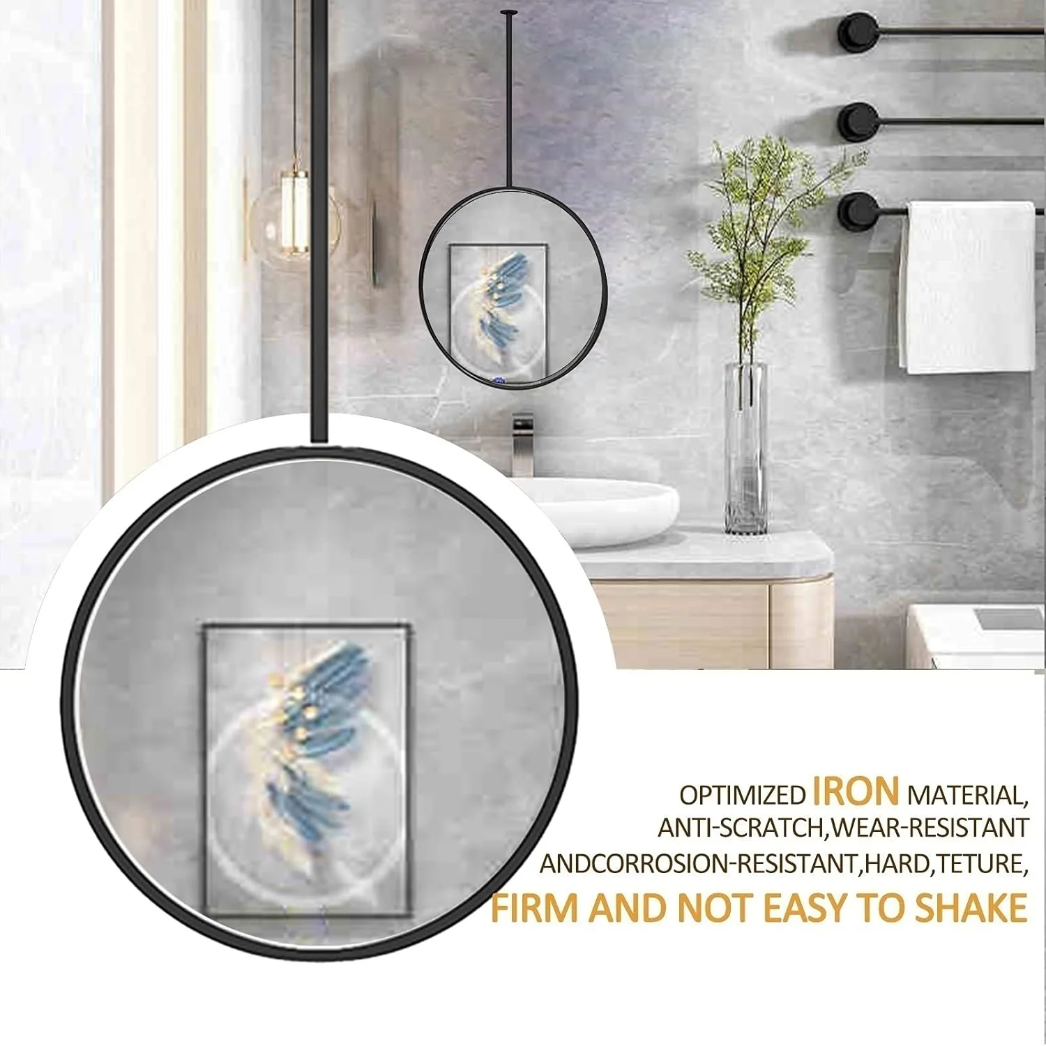 آینه سقفی فلزی آراست با میله آویز سقفی، آینه های گرد دیواری برای آرایش، آینه های تزئینی آرایشی برای حمام و اتاق نشیمن - با قاب فلزی مشکی LEOWE آینه سقفی فلزی آراست با میله آویز سقفی، آینه های گرد دیواری برای آرایش، آینه های تزئینی آرایشی برای حمام و اتاق نشیمن - با قاب فلزی مشکی LEOWE