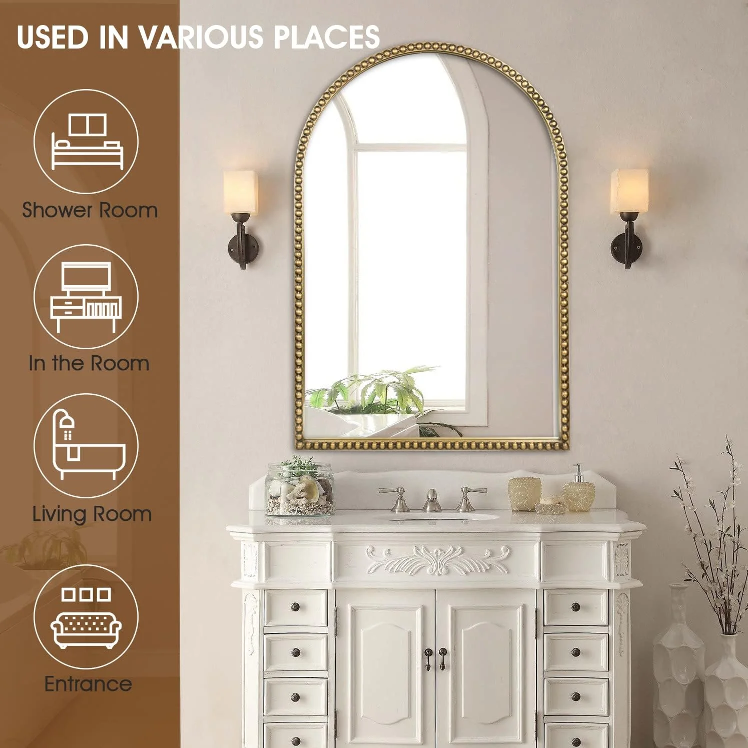 آینه دیواری قوسی برای حمام - آینه تزئینی با قاب فلزی مهره دار 60x90 سانتی متر، آینه دکوراتیو بزرگ مدرن روستایی با روکش کهنه کاری شده برای سرویس بهداشتی، اتاق خواب، اتاق نشیمن، ورودی، طلایی عتیقه آینه دیواری قوسی برای حمام - آینه تزئینی با قاب فلزی مهره دار 60x90 سانتی متر، آینه دکوراتیو بزرگ مدرن روستایی با روکش کهنه کاری شده برای سرویس بهداشتی، اتاق خواب، اتاق نشیمن، ورودی، طلایی عتیقه