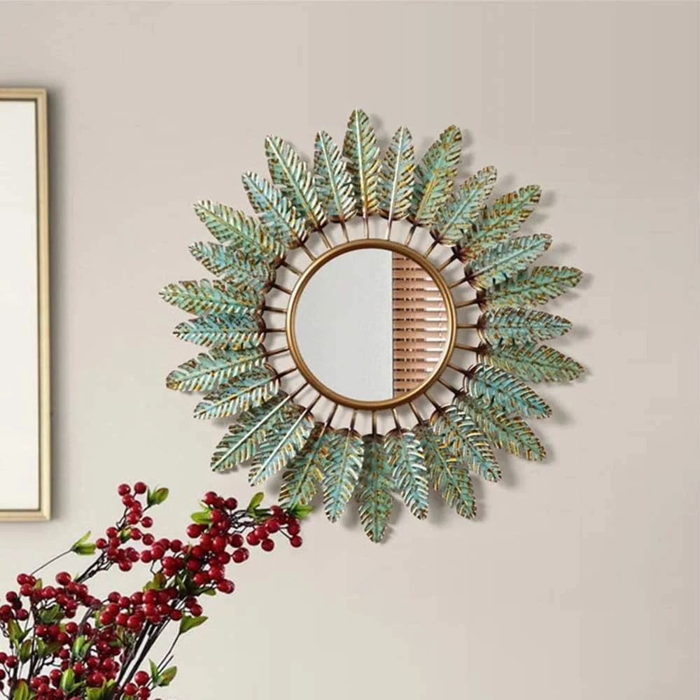 آینه تزئینی ABHJKLM، آینه دیواری برگ های آهنی گرد به سبک اروپایی و آمریکایی، مناسب اتاق نشیمن، راهرو ورودی، حمام، طرح گل آفتابگردان، 80 سانتی متر