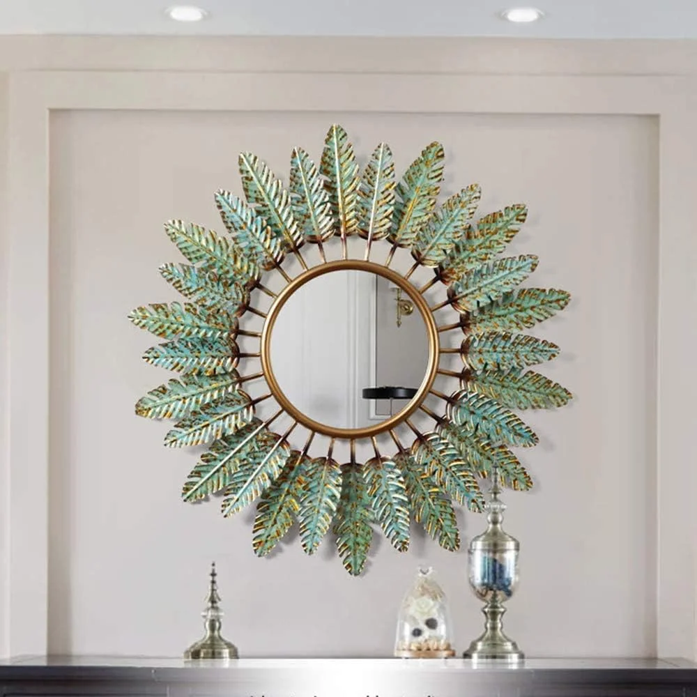 آینه تزئینی ABHJKLM، آینه دیواری برگ های آهنی گرد به سبک اروپایی و آمریکایی، مناسب اتاق نشیمن، راهرو ورودی، حمام، طرح گل آفتابگردان، 80 سانتی متر