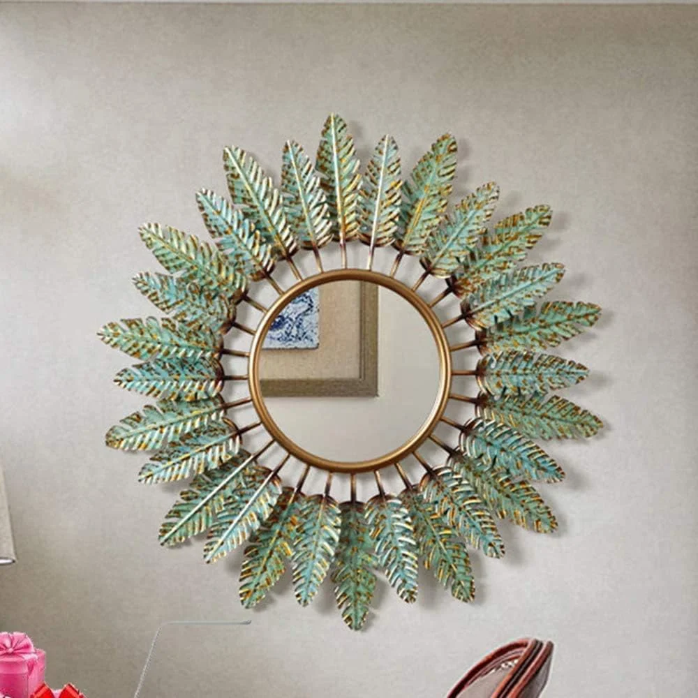 آینه تزئینی ABHJKLM، آینه دیواری برگ های آهنی گرد به سبک اروپایی و آمریکایی، مناسب اتاق نشیمن، راهرو ورودی، حمام، طرح گل آفتابگردان، 80 سانتی متر