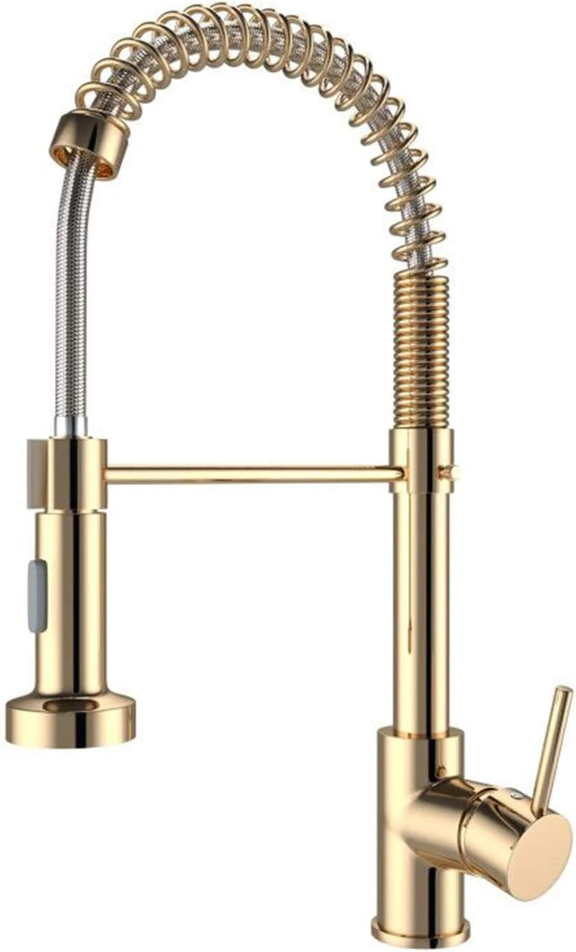 شیرآلات آشپزخانه طلایی Onyzpily، شیر سینک آشپزخانه با اهرم تکی برنجی جامد تجاری، اسپری کشویی تک سوراخ، شیر مخلوط کننده چرخان