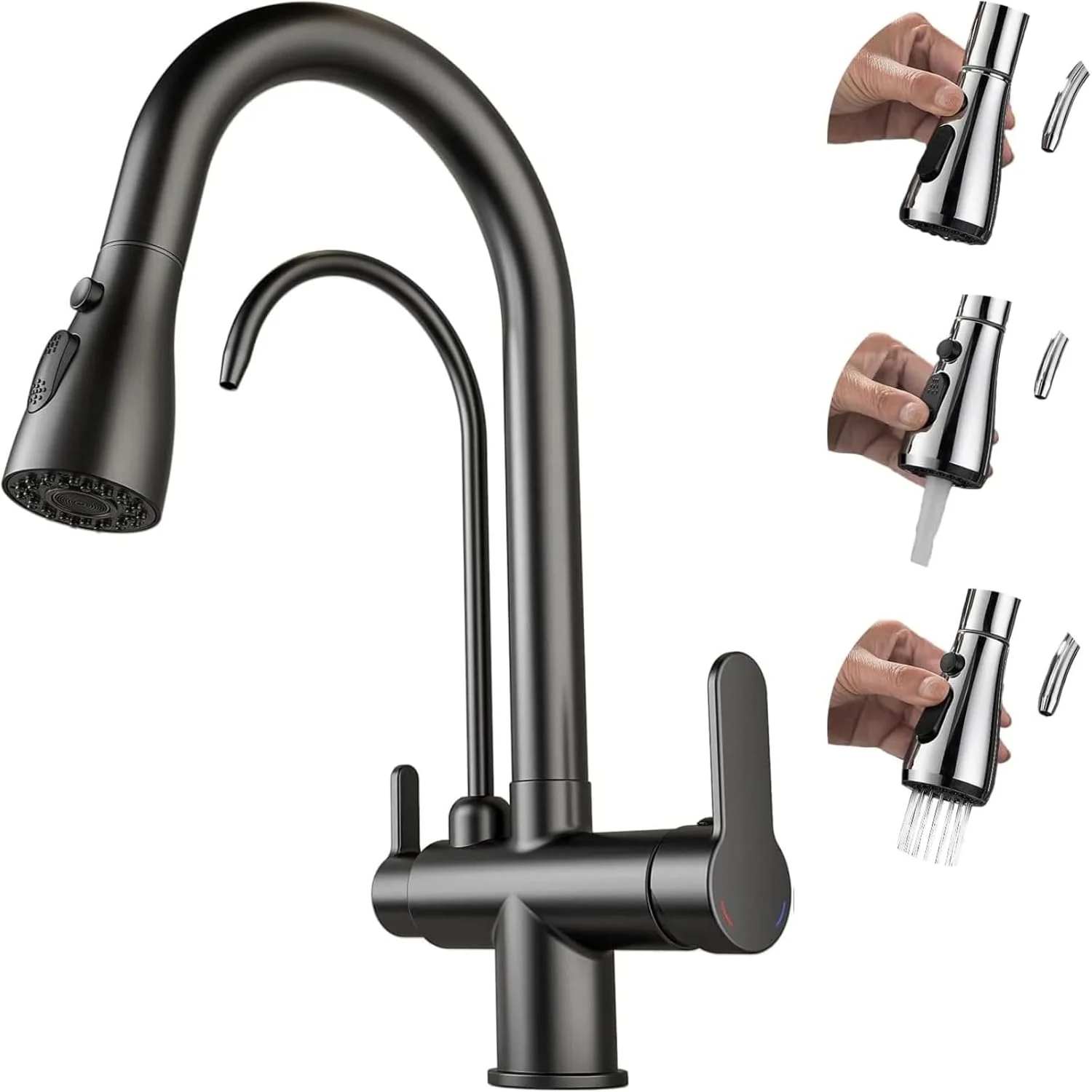 شیر آشپزخانه 3 در 1 با شیر آب آشامیدنی، شیر مخلوط کن آشپزخانه مدرن 2 دسته با اسپری کشویی، شیر RO برای سینک آشپزخانه، شیرهای تصفیه آب با قوس بلند برنجی بدون سرب (مشکی) شیر آشپزخانه 3 در 1 با شیر آب آشامیدنی، شیر مخلوط کن آشپزخانه مدرن 2 دسته با اسپری کشویی، شیر RO برای سینک آشپزخانه، شیرهای تصفیه آب با قوس بلند برنجی بدون سرب (مشکی)