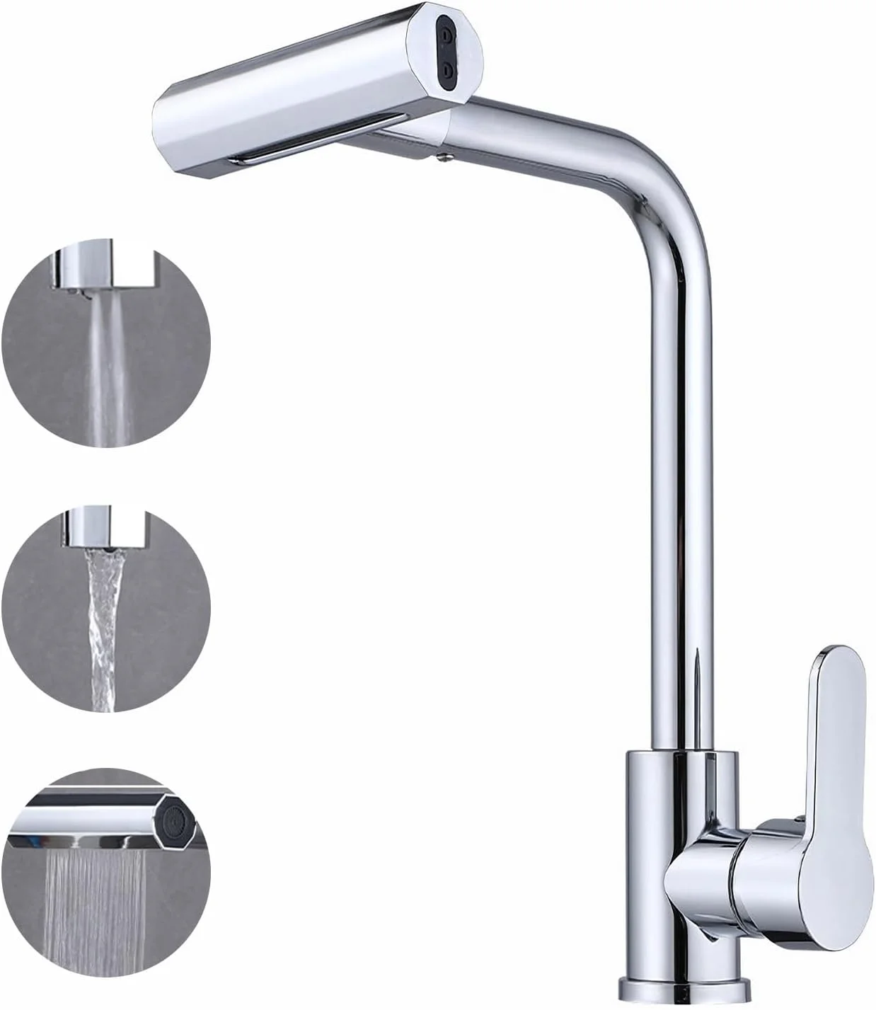 شیر آشپزخانه آبشاری AMINAC، شیر سینک تک دسته با قوس بلند با اسپری سه حالته، شیر آشپزخانه استیل ضد زنگ با چرخش 360 درجه، نقره ای