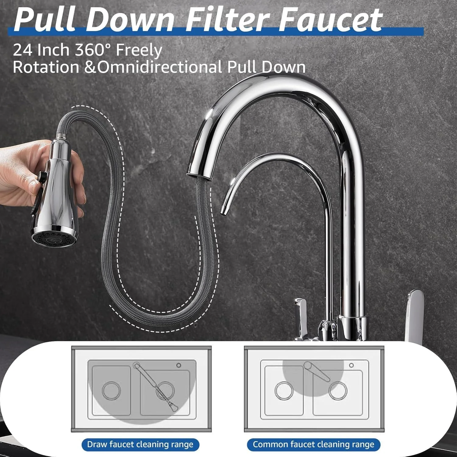 شیر آشپزخانه 3 در 1 با شیر آب آشامیدنی، شیر مخلوط کن آشپزخانه مدرن 2 دسته با اسپری کشویی، شیر RO برای سینک آشپزخانه، شیرهای تصفیه آب با قوس بلند برنجی بدون سرب (مشکی)