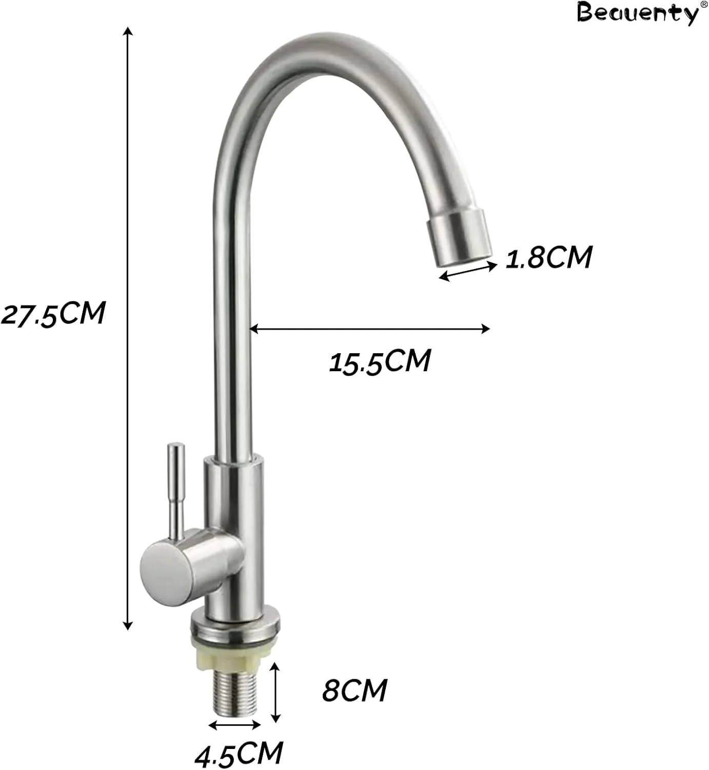 شیر آشپزخانه Beauenty، تک دستگیره استیل ضد زنگ 304 آب سرد، شیر چرخان 360 درجه، شیر آشپزخانه با قوس بلند، شیر مخلوط کن مدرن برای سینک
