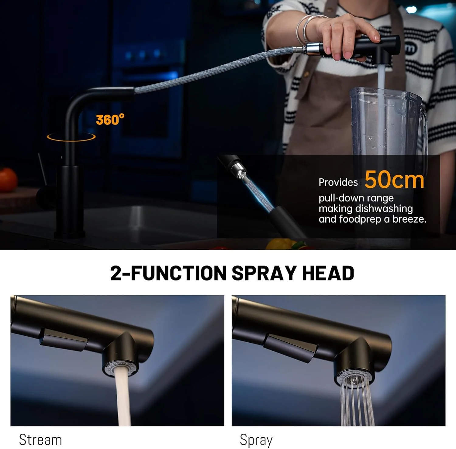 شیر آشپزخانه مشکی APPASO با اسپری بیرون کشیدنی، شیرآلات سینک اسپری استیل ضد زنگ، شیر آشپزخانه تک اهرمی قابل افزایش 1 سوراخ با 2 حالت خروجی و چرخش 360 درجه، آب گرم و سرد موجود است شیر آشپزخانه مشکی APPASO با اسپری بیرون کشیدنی، شیرآلات سینک اسپری استیل ضد زنگ، شیر آشپزخانه تک اهرمی قابل افزایش 1 سوراخ با 2 حالت خروجی و چرخش 360 درجه، آب گرم و سرد موجود است