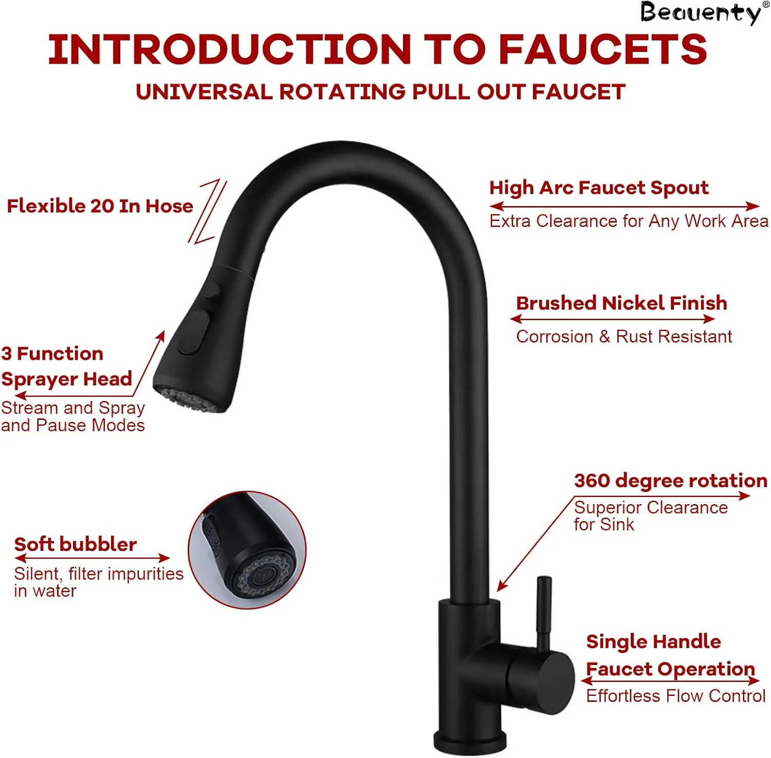 شیرآلات سینک ظرفشویی Beauenty، شیر آب استیل ضد زنگ با 3 حالت آب، شیر مخلوط تک دسته (مشکی) شیرآلات سینک ظرفشویی Beauenty، شیر آب استیل ضد زنگ با 3 حالت آب، شیر مخلوط تک دسته (مشکی)