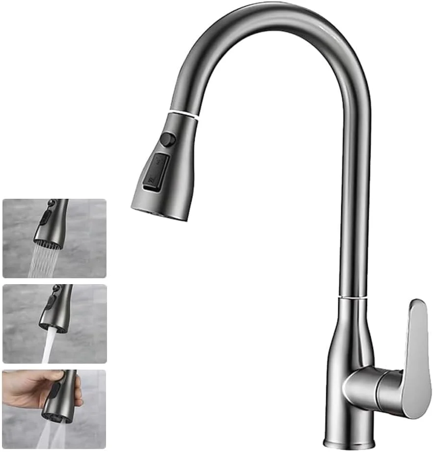 شیرآلات آشپزخانه ViBon با اسپری کشویی، شیر سینک آشپزخانه تک دسته با قوس بلند - نیکل برس خورده، شیر سینک استیل ضد زنگ 1 یا 3 سوراخ برای RV، خانه مزرعه، کمپر، لباسشویی، بار