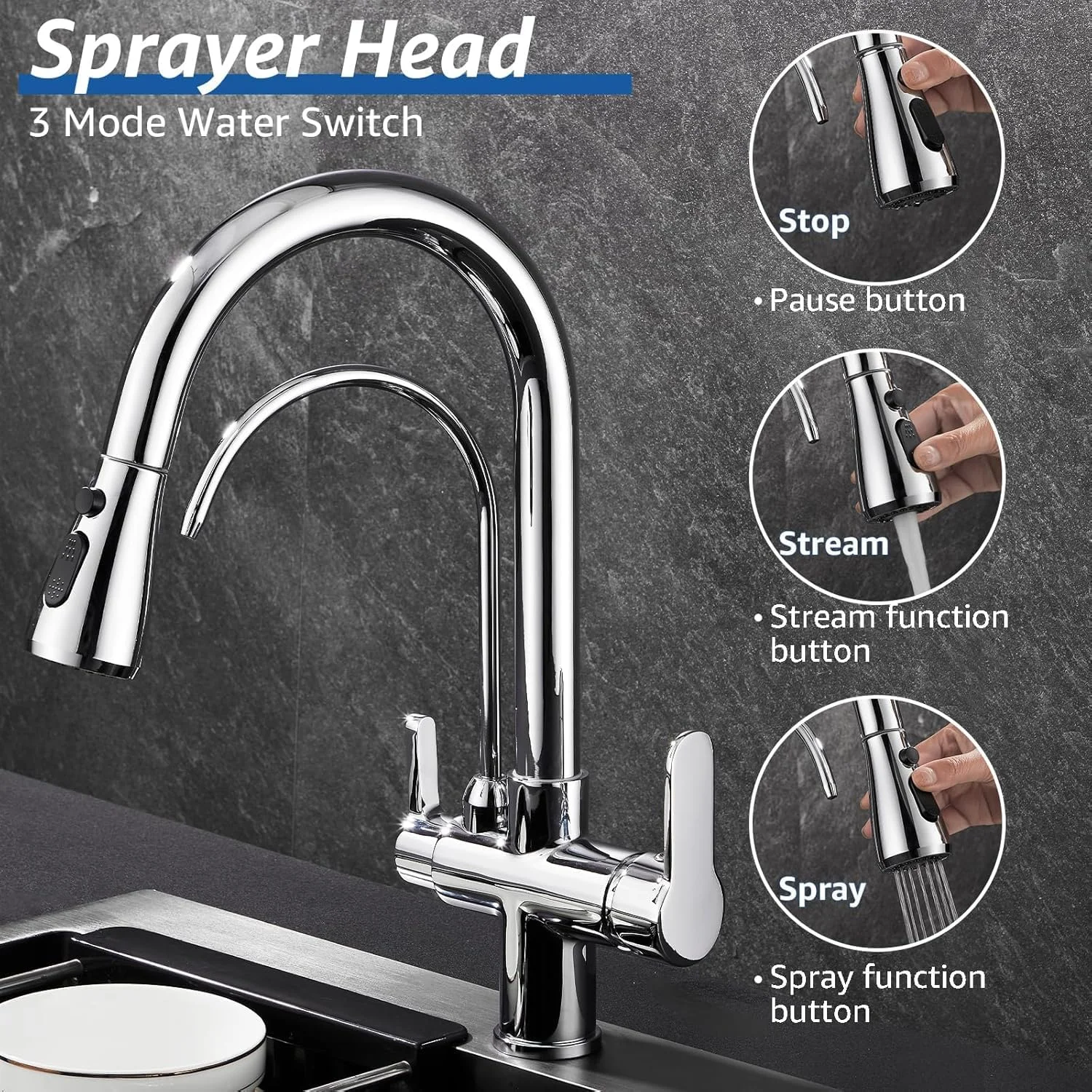 شیر آشپزخانه 3 در 1 با شیر آب آشامیدنی، شیر مخلوط کن آشپزخانه مدرن 2 دسته با اسپری کشویی، شیر RO برای سینک آشپزخانه، شیرهای تصفیه آب با قوس بلند برنجی بدون سرب (مشکی)