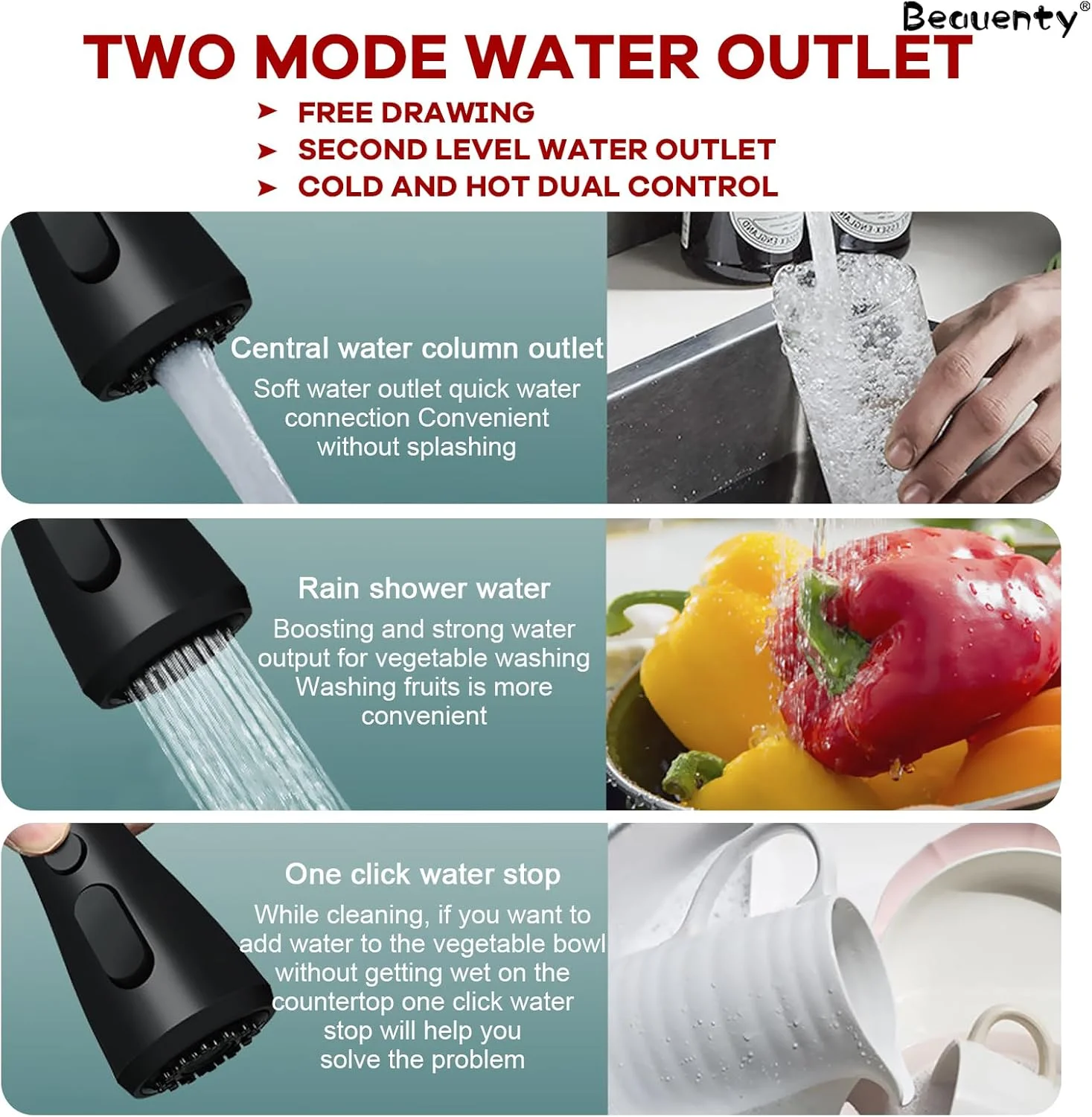 شیرآلات سینک ظرفشویی Beauenty، شیر آب استیل ضد زنگ با 3 حالت آب، شیر مخلوط تک دسته (مشکی) شیرآلات سینک ظرفشویی Beauenty، شیر آب استیل ضد زنگ با 3 حالت آب، شیر مخلوط تک دسته (مشکی)