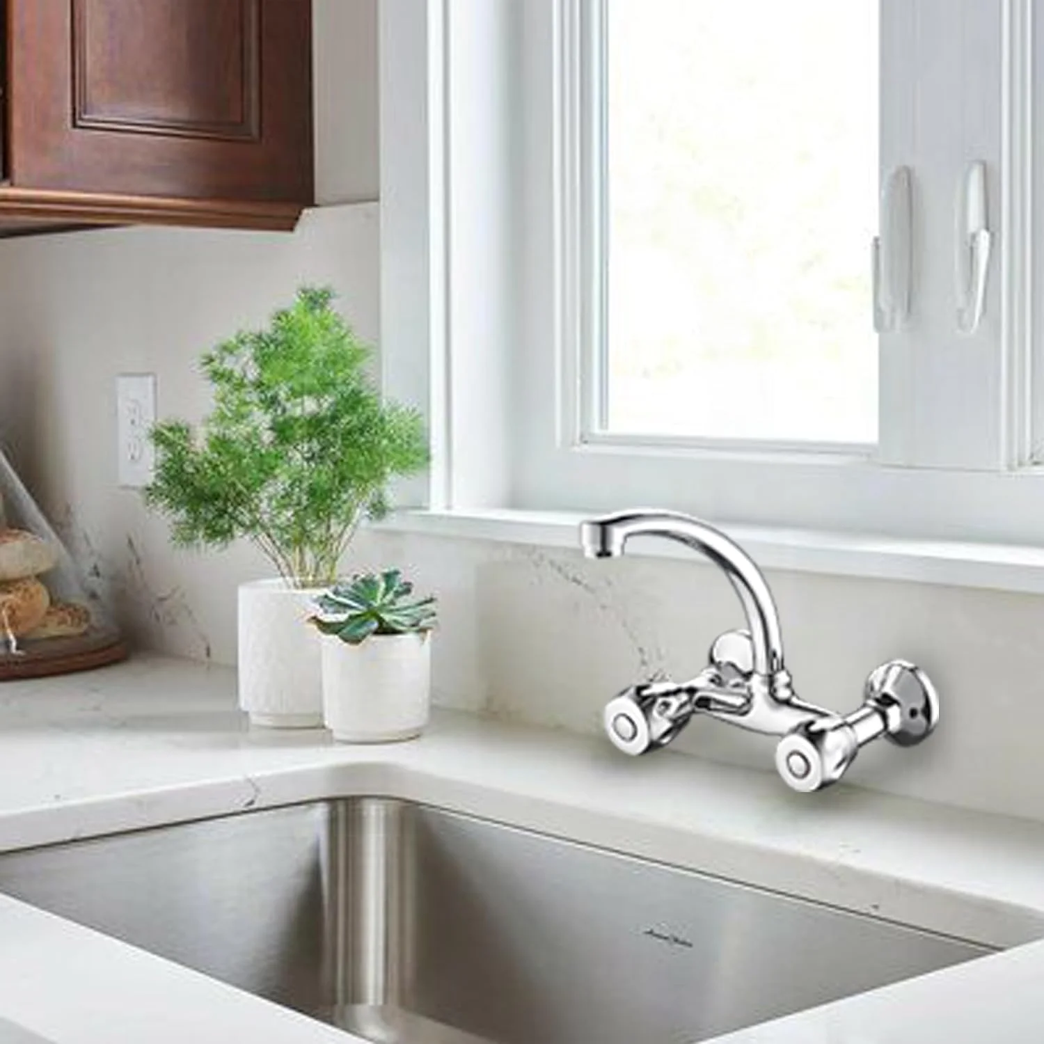 شیر سینک دیواری MODI - شیر آب گرم و سرد دو دسته با جریان بدون پاشش هوا، دهانه 22 سانتی متری، روکش کروم، شیر آشپزخانه و حمام استیل ضد زنگ