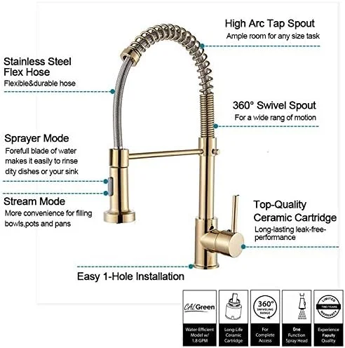 شیرآلات آشپزخانه طلایی Onyzpily، شیر سینک آشپزخانه با اهرم تکی برنجی جامد تجاری، اسپری کشویی تک سوراخ، شیر مخلوط کننده چرخان شیرآلات آشپزخانه طلایی Onyzpily، شیر سینک آشپزخانه با اهرم تکی برنجی جامد تجاری، اسپری کشویی تک سوراخ، شیر مخلوط کننده چرخان