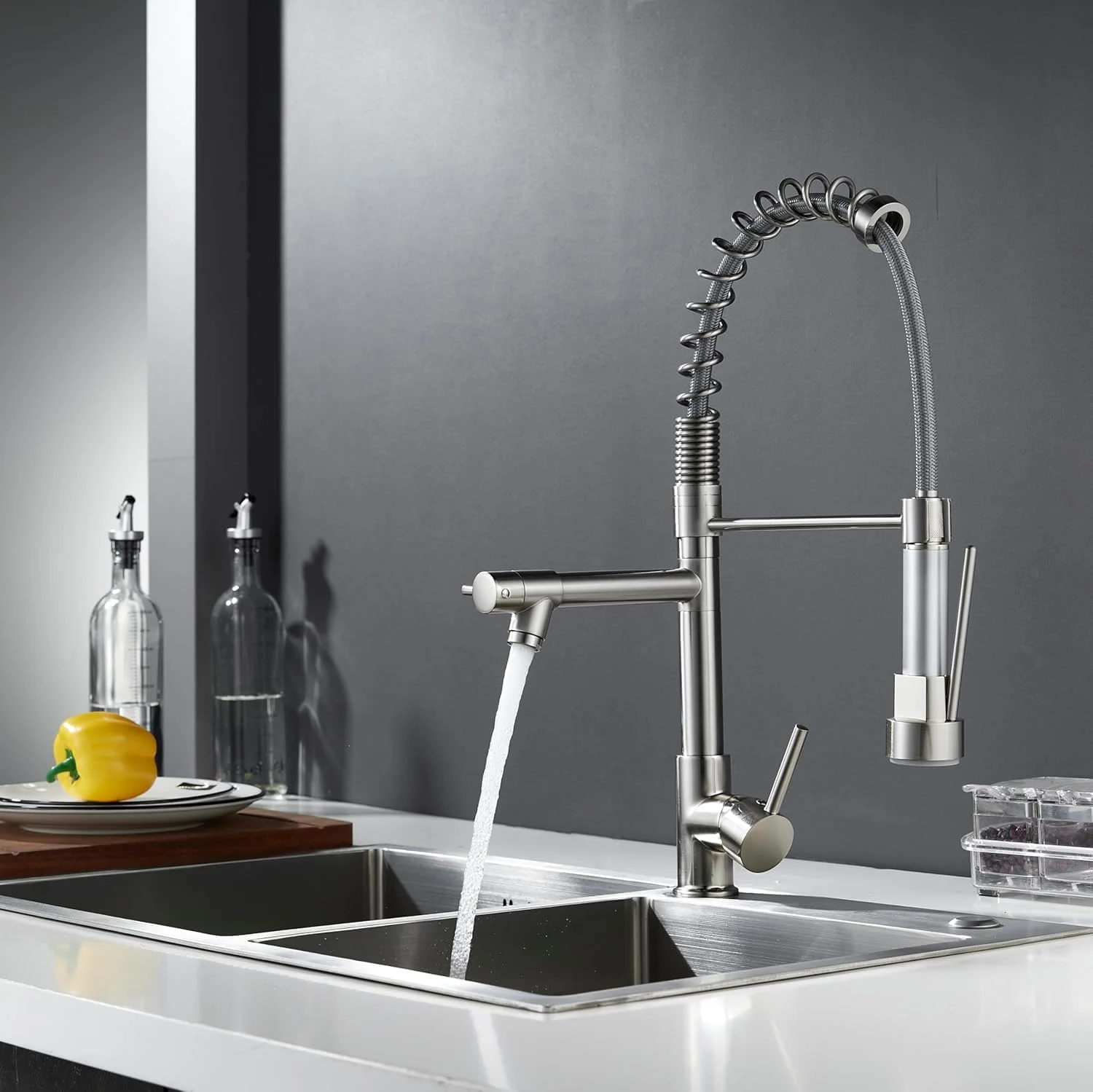 شیر آشپزخانه BRIMIX با سر دوش، عملکرد خروجی آب دوگانه (نیکل برس خورده)