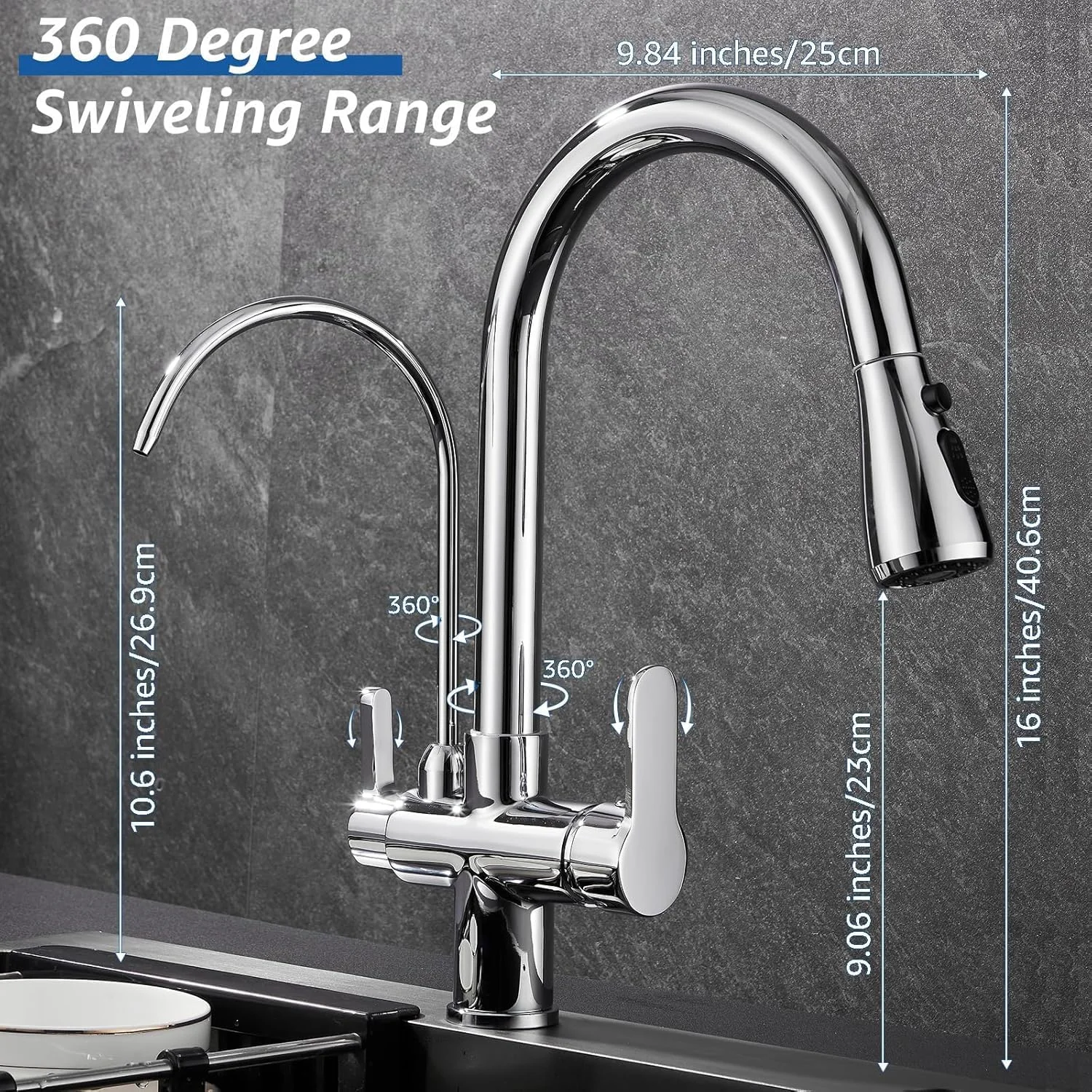 شیر آشپزخانه 3 در 1 با شیر آب آشامیدنی، شیر مخلوط کن آشپزخانه مدرن 2 دسته با اسپری کشویی، شیر RO برای سینک آشپزخانه، شیرهای تصفیه آب با قوس بلند برنجی بدون سرب (مشکی)