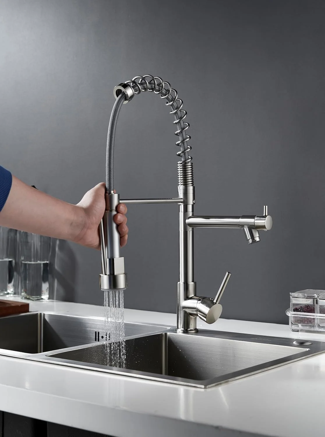 شیر آشپزخانه BRIMIX با سر دوش، عملکرد خروجی آب دوگانه (نیکل برس خورده)