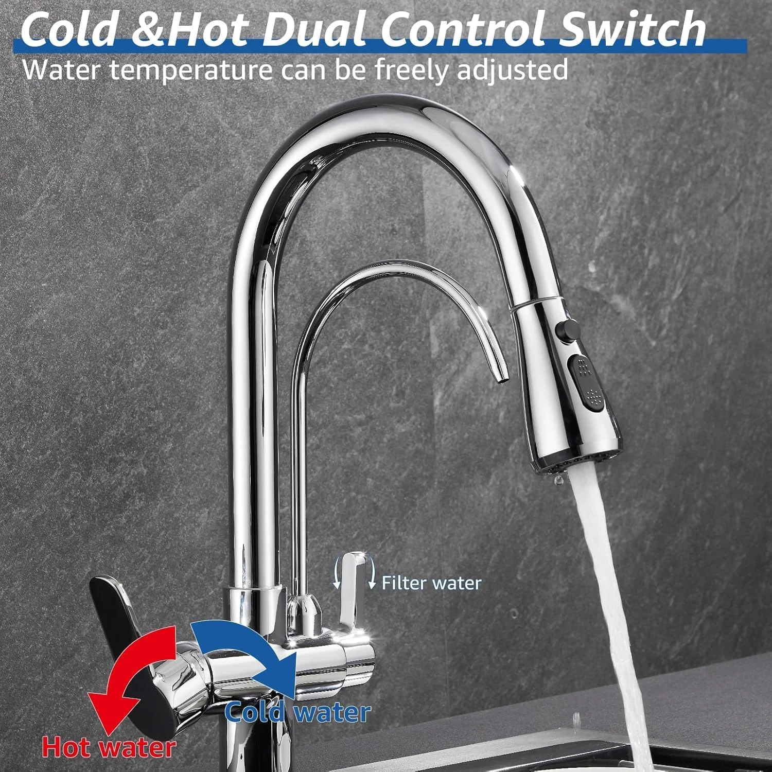 شیر آشپزخانه 3 در 1 با شیر آب آشامیدنی، شیر مخلوط کن آشپزخانه مدرن 2 دسته با اسپری کشویی، شیر RO برای سینک آشپزخانه، شیرهای تصفیه آب با قوس بلند برنجی بدون سرب (مشکی)