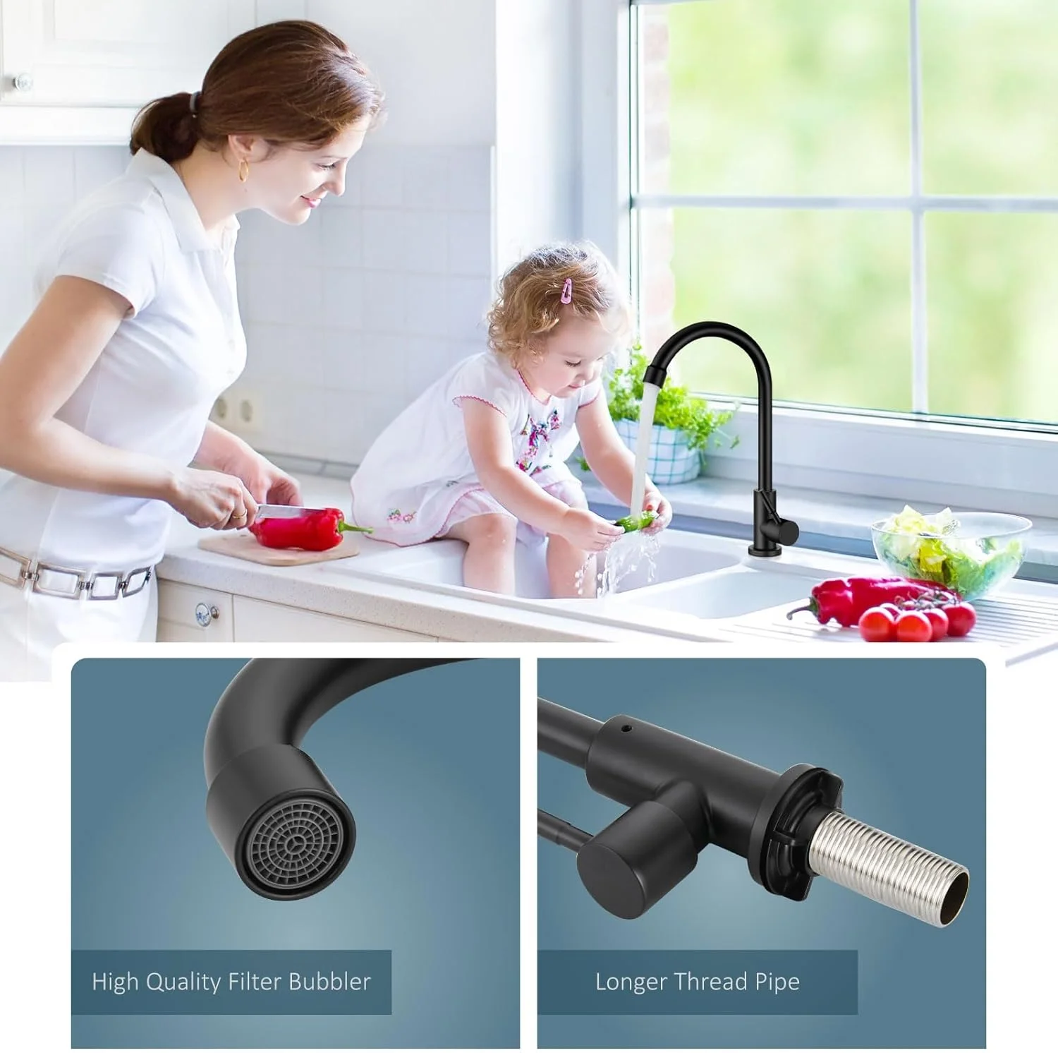 شیر آشپزخانه تک کاره آب سرد Aolemi مشکی استیل 304، شیر سینک با قوس بلند شیر آشپزخانه تک کاره آب سرد Aolemi مشکی استیل 304، شیر سینک با قوس بلند