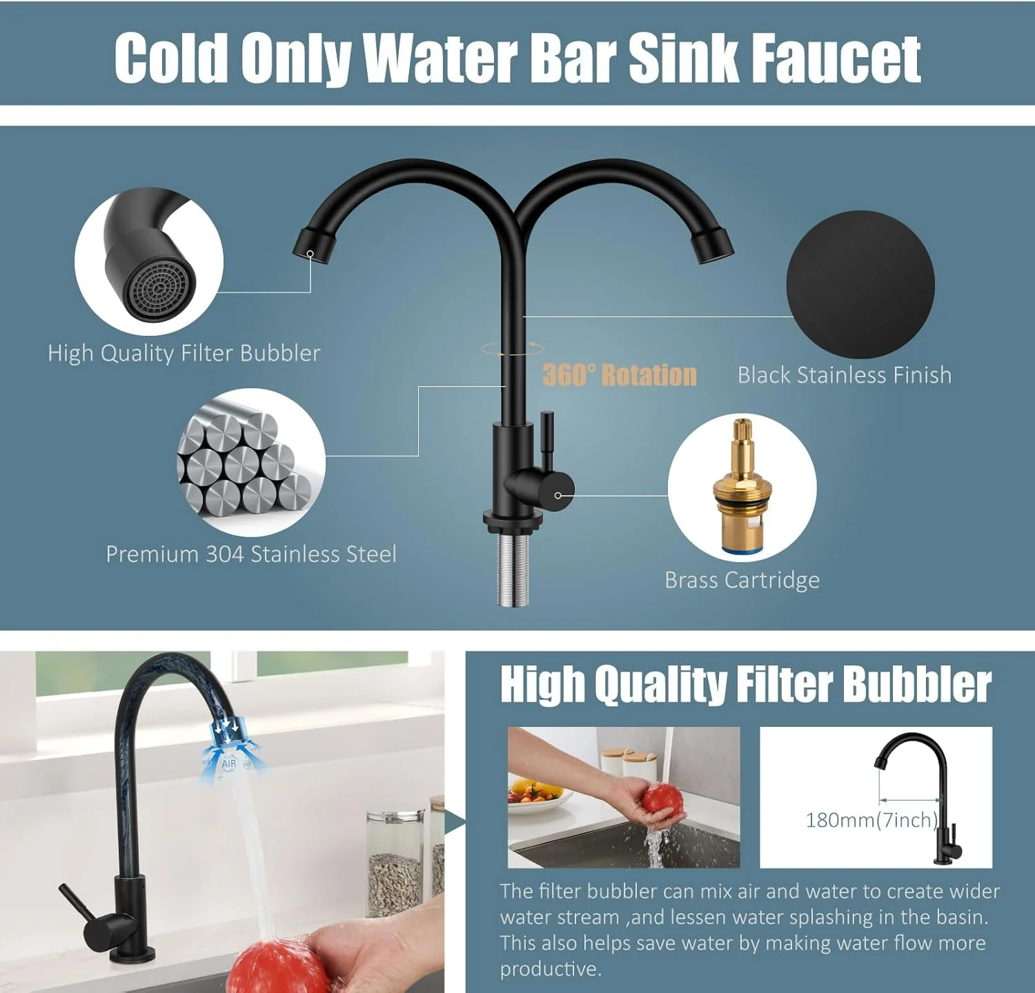 شیر آشپزخانه تک کاره آب سرد Aolemi مشکی استیل 304، شیر سینک با قوس بلند شیر آشپزخانه تک کاره آب سرد Aolemi مشکی استیل 304، شیر سینک با قوس بلند