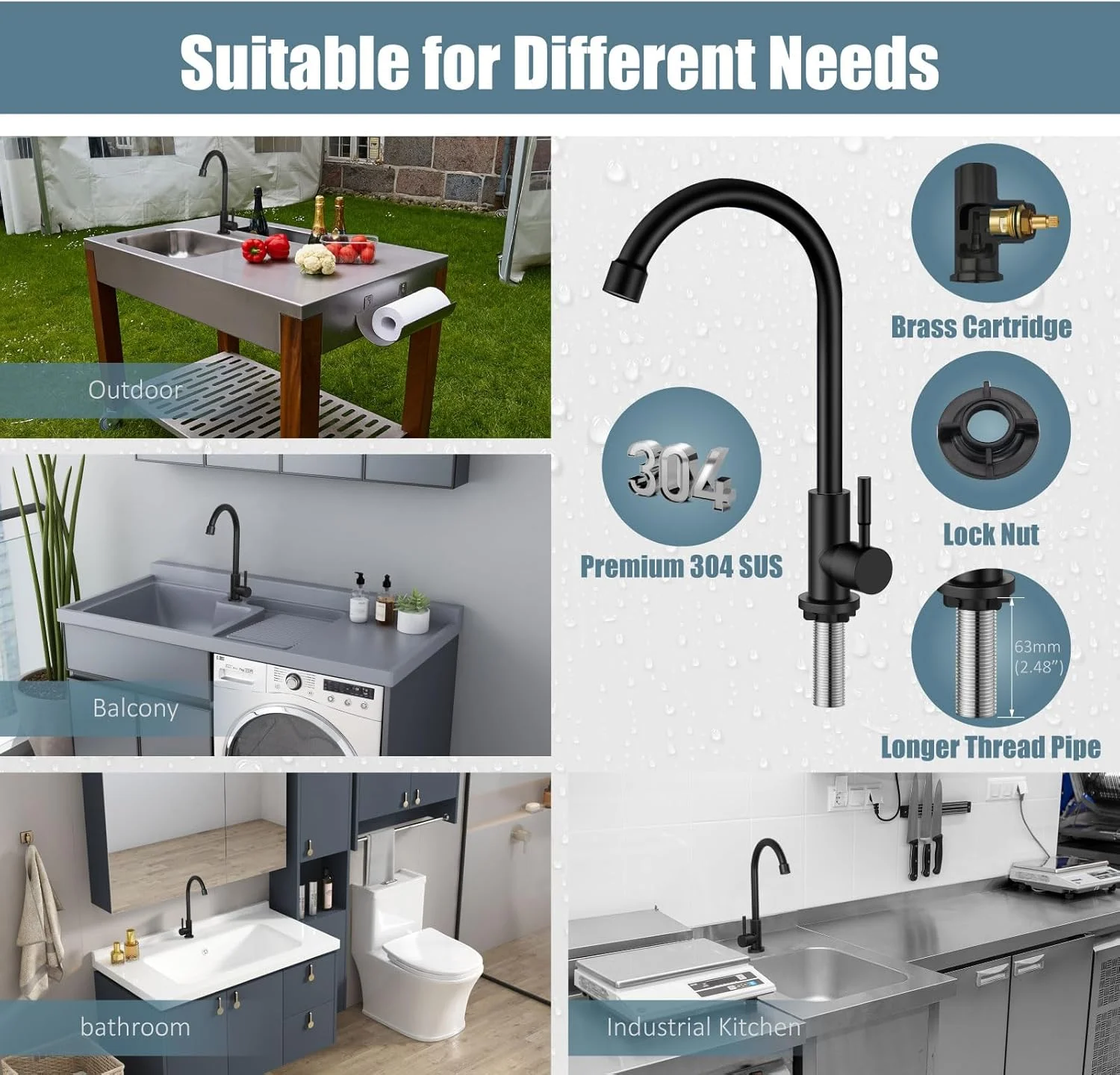 شیر آشپزخانه تک کاره آب سرد Aolemi مشکی استیل 304، شیر سینک با قوس بلند شیر آشپزخانه تک کاره آب سرد Aolemi مشکی استیل 304، شیر سینک با قوس بلند