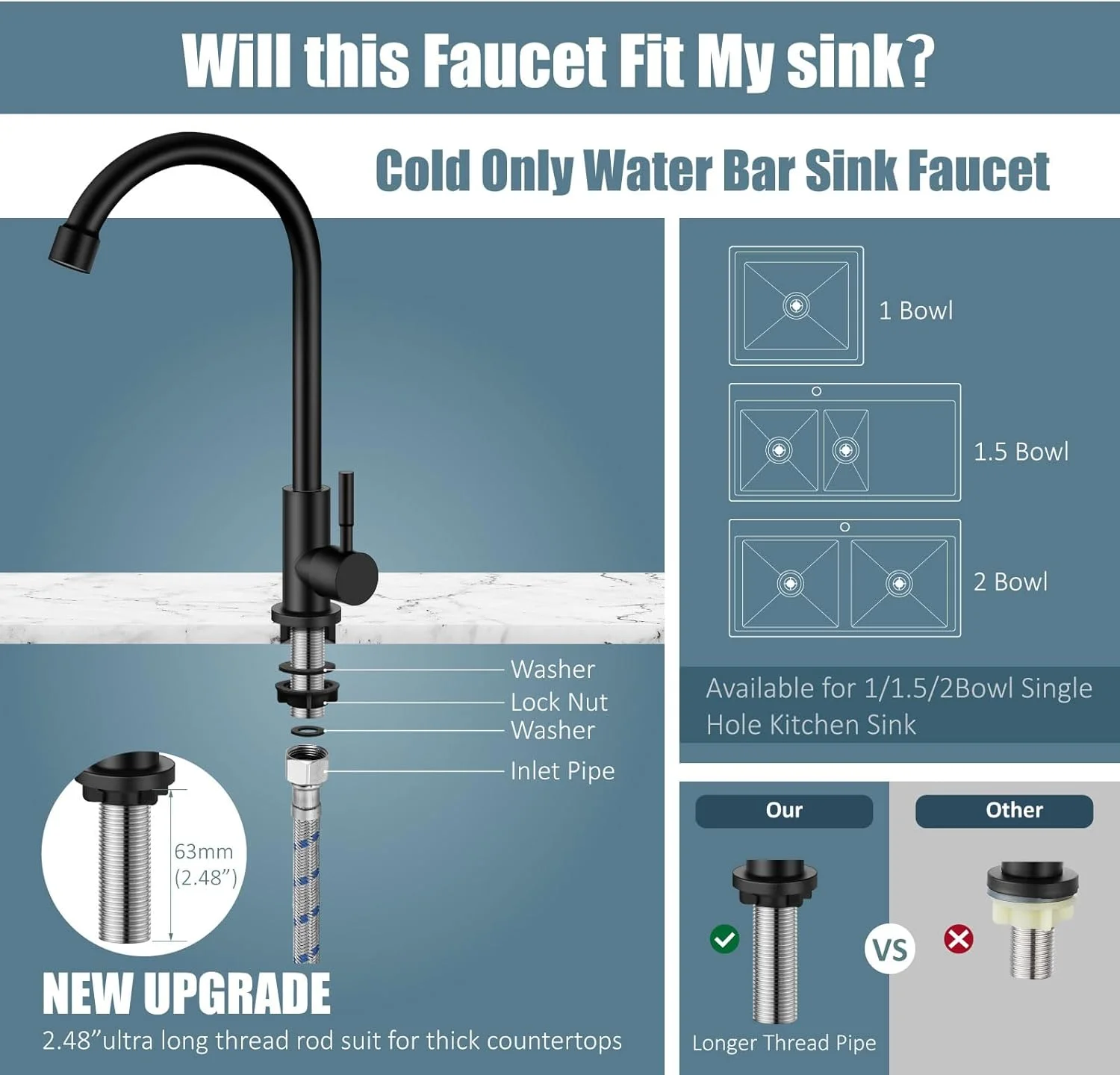 شیر آشپزخانه تک کاره آب سرد Aolemi مشکی استیل 304، شیر سینک با قوس بلند شیر آشپزخانه تک کاره آب سرد Aolemi مشکی استیل 304، شیر سینک با قوس بلند