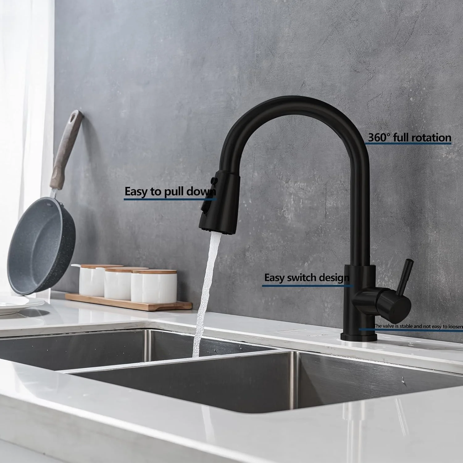 شیر آشپزخانه مشکی مات CLaLoc با اسپری کشویی، شیرآلات اهرمی تک دسته برای آشپزخانه، شیر آشپزخانه استیل ضد زنگ با قوس بلند چرخان 360 درجه و 3 حالت اسپری شیر آشپزخانه مشکی مات CLaLoc با اسپری کشویی، شیرآلات اهرمی تک دسته برای آشپزخانه، شیر آشپزخانه استیل ضد زنگ با قوس بلند چرخان 360 درجه و 3 حالت اسپری