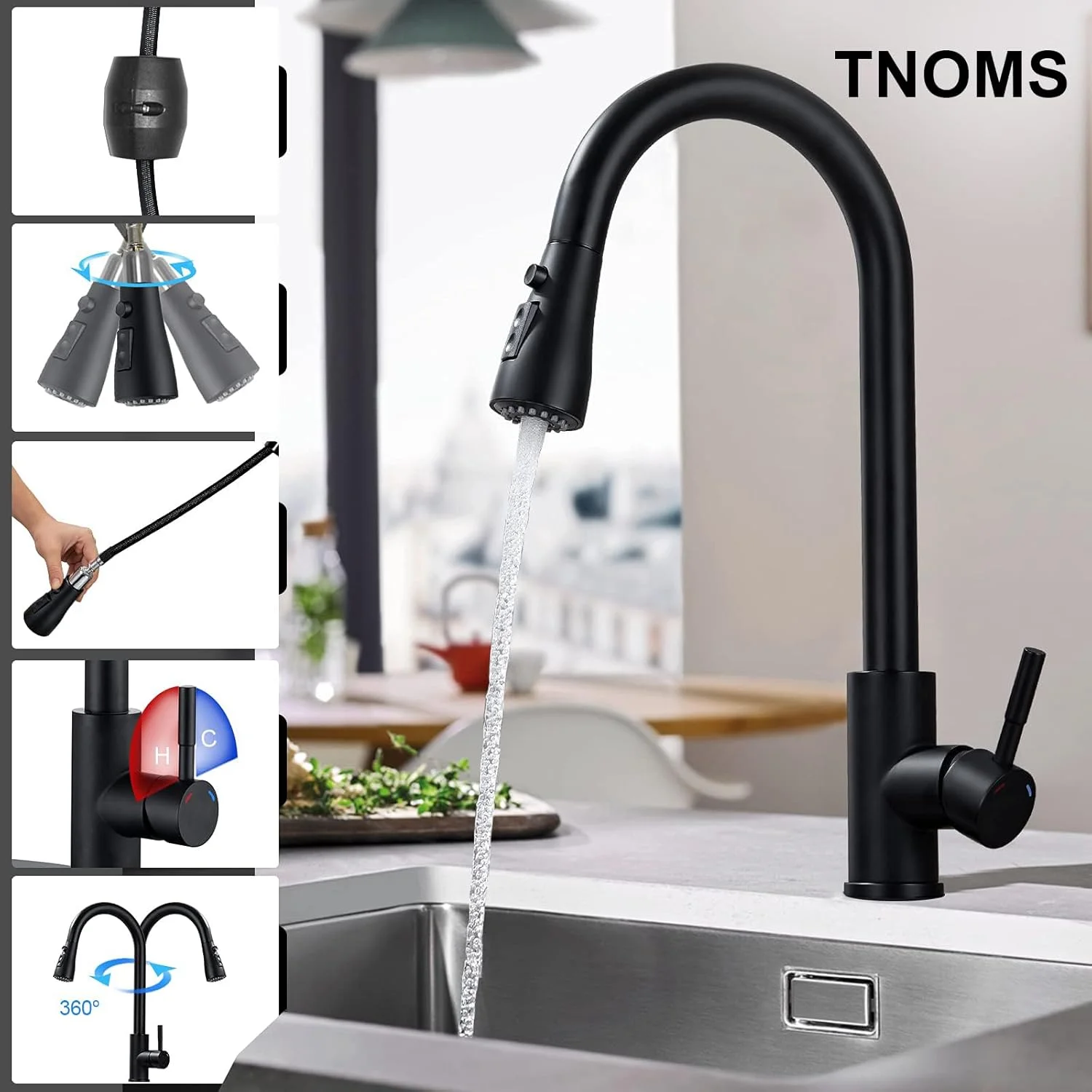 شیر آشپزخانه TNOMS با سر دوشی کشویی، شیر سینک ظرفشویی تک دستگیره با قوس بلند و دوشی بیرون کشیدنی، شیرآلات آشپزخانه استیل ضد زنگ مدرن تجاری، مشکی مات شیر آشپزخانه TNOMS با سر دوشی کشویی، شیر سینک ظرفشویی تک دستگیره با قوس بلند و دوشی بیرون کشیدنی، شیرآلات آشپزخانه استیل ضد زنگ مدرن تجاری، مشکی مات