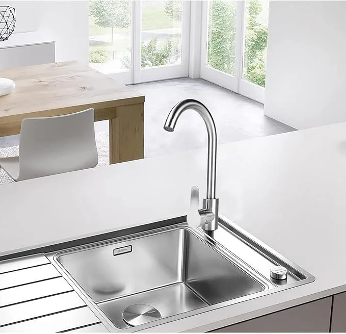 شیرآلات آشپزخانه Tyasdery، شیر سینک ظرفشویی استیل، اهرمی تک دسته نیکل برس خورده، چرخش 360 درجه، شیرآلات مخلوط تک بلوک برای سینک ظرفشویی، شیر آشپزخانه قوس دار بلند