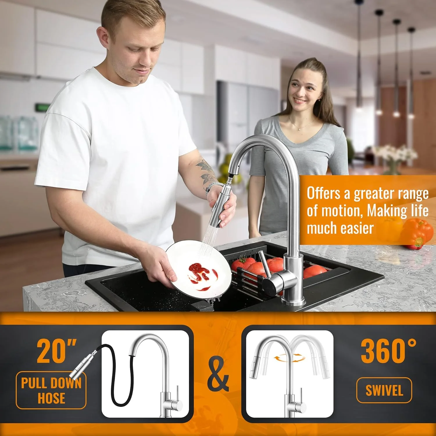 شیر آشپزخانه APPASO، شیر مخلوط سینک آشپزخانه با اسپری کشویی، شیرآلات آشپزخانه نیکل برس خورده با 2 حالت آب، شیر آشپزخانه تک دسته مدرن استیل ضد زنگ