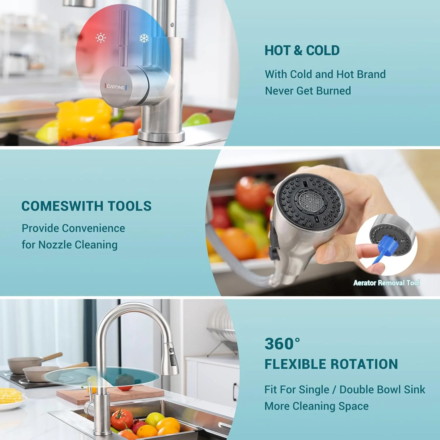 شیر آشپزخانه DAYONE، شیر سینک آشپزخانه نیکل برس خورده با اسپری کشویی 3 حالت آب، شیر سینک ظرفشویی استیل ضد زنگ برای آشپزخانه، تک دسته/تک سوراخ شیر آشپزخانه DAYONE، شیر سینک آشپزخانه نیکل برس خورده با اسپری کشویی 3 حالت آب، شیر سینک ظرفشویی استیل ضد زنگ برای آشپزخانه، تک دسته/تک سوراخ