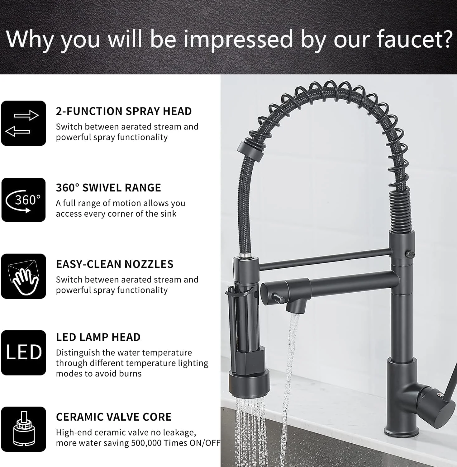 شیر آشپزخانه مشکی Cooltens، شیر ظرفشویی آشپزخانه تجاری برنجی جامد 17 اینچی با سر دوش دو منظوره کشویی، روکش مشکی مات شیر آشپزخانه مشکی Cooltens، شیر ظرفشویی آشپزخانه تجاری برنجی جامد 17 اینچی با سر دوش دو منظوره کشویی، روکش مشکی مات