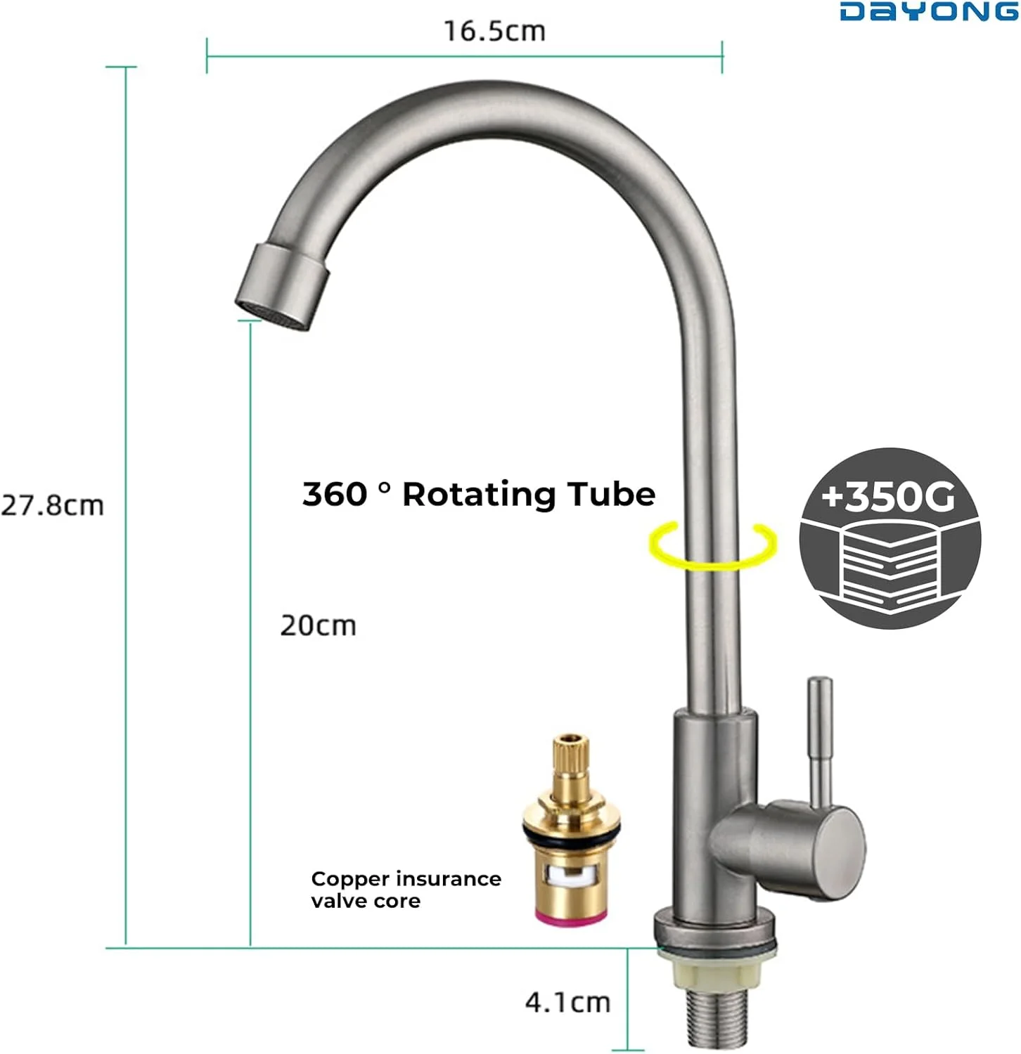 شیر آشپزخانه DAYONG، شیر سینک ظرفشویی استیل 304، شیر آشپزخانه تک دستگیره با دهانه کمانی بلند، شیر نیکل برس خورده برای سینک آشپزخانه (نقره ای) شیر آشپزخانه DAYONG، شیر سینک ظرفشویی استیل 304، شیر آشپزخانه تک دستگیره با دهانه کمانی بلند، شیر نیکل برس خورده برای سینک آشپزخانه (نقره ای)