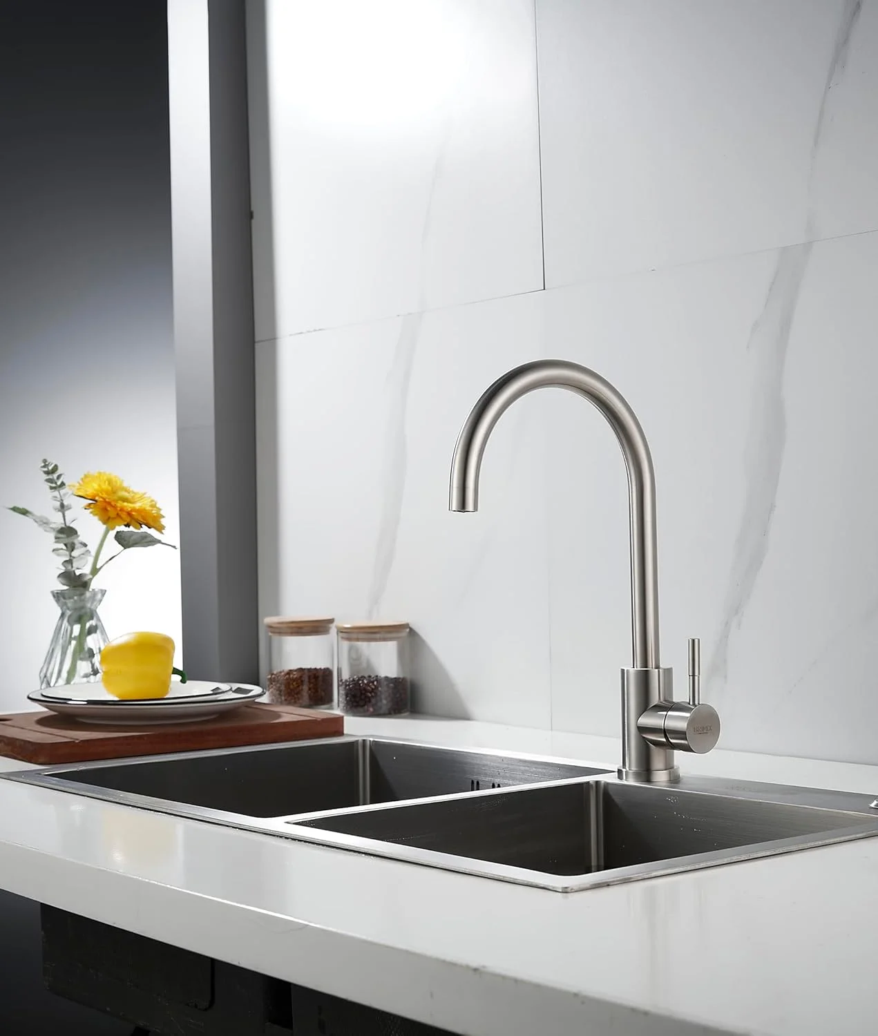 شیر آشپزخانه BRIMIX، شیر سینک آب گرم و سرد، شیر مخلوط کن سینک سنگین با چرخش 360 درجه، شیر مخلوط کن آشپزخانه استیل ضد زنگ ( برس خورده )