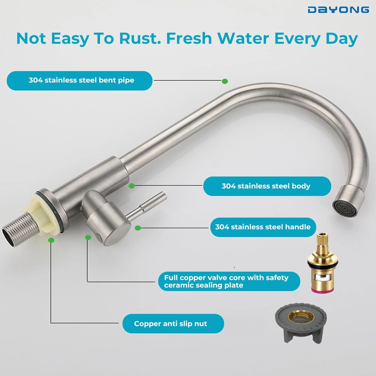 شیر آشپزخانه DAYONG، شیر سینک ظرفشویی استیل 304، شیر آشپزخانه تک دستگیره با دهانه کمانی بلند، شیر نیکل برس خورده برای سینک آشپزخانه (نقره ای) شیر آشپزخانه DAYONG، شیر سینک ظرفشویی استیل 304، شیر آشپزخانه تک دستگیره با دهانه کمانی بلند، شیر نیکل برس خورده برای سینک آشپزخانه (نقره ای)