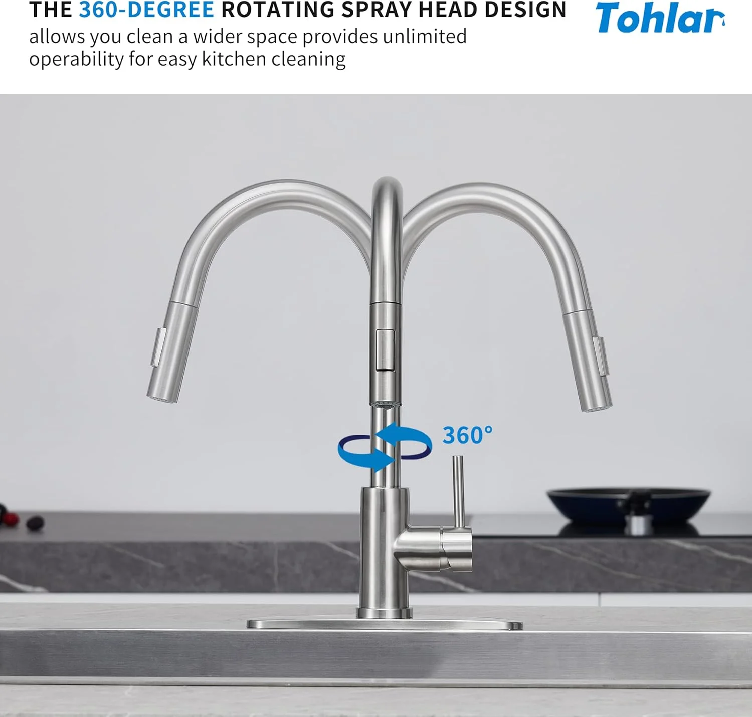 شیرآلات ظرفشویی Tohlar با اسپری کشویی، شیر ظرفشویی تک دسته استیل ضد زنگ مدرن با صفحه عرشه شیرآلات ظرفشویی Tohlar با اسپری کشویی، شیر ظرفشویی تک دسته استیل ضد زنگ مدرن با صفحه عرشه