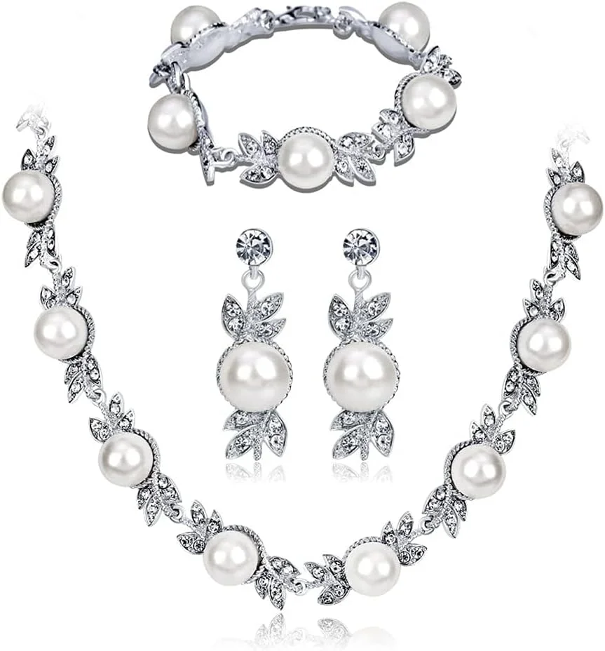 ست گردنبند مروارید عروسی اکسفور، جواهرات نقره ای جشن، جواهرات مروارید و نگین بدلیجات، لوازم جانبی رسمی زنانه، جواهرات ساقدوش عروس جذاب، جواهرات عروسی بی انتها، ست جواهرات برای زنان و دختران