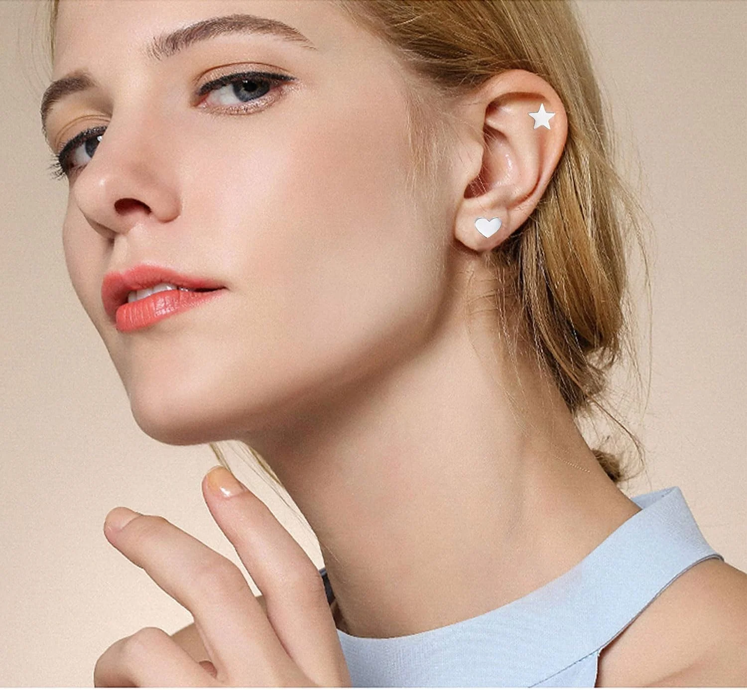 ست گوشواره میخی نقره استرلینگ 925 اکسفور، گوشواره های نقره استرلینگ ضد حساسیت برای زنان و دختران، گوشواره میخی کوچک ماه ستاره قلب، 3 عدد گوشواره میخی نقره 925 در اندازه های مختلف با جعبه