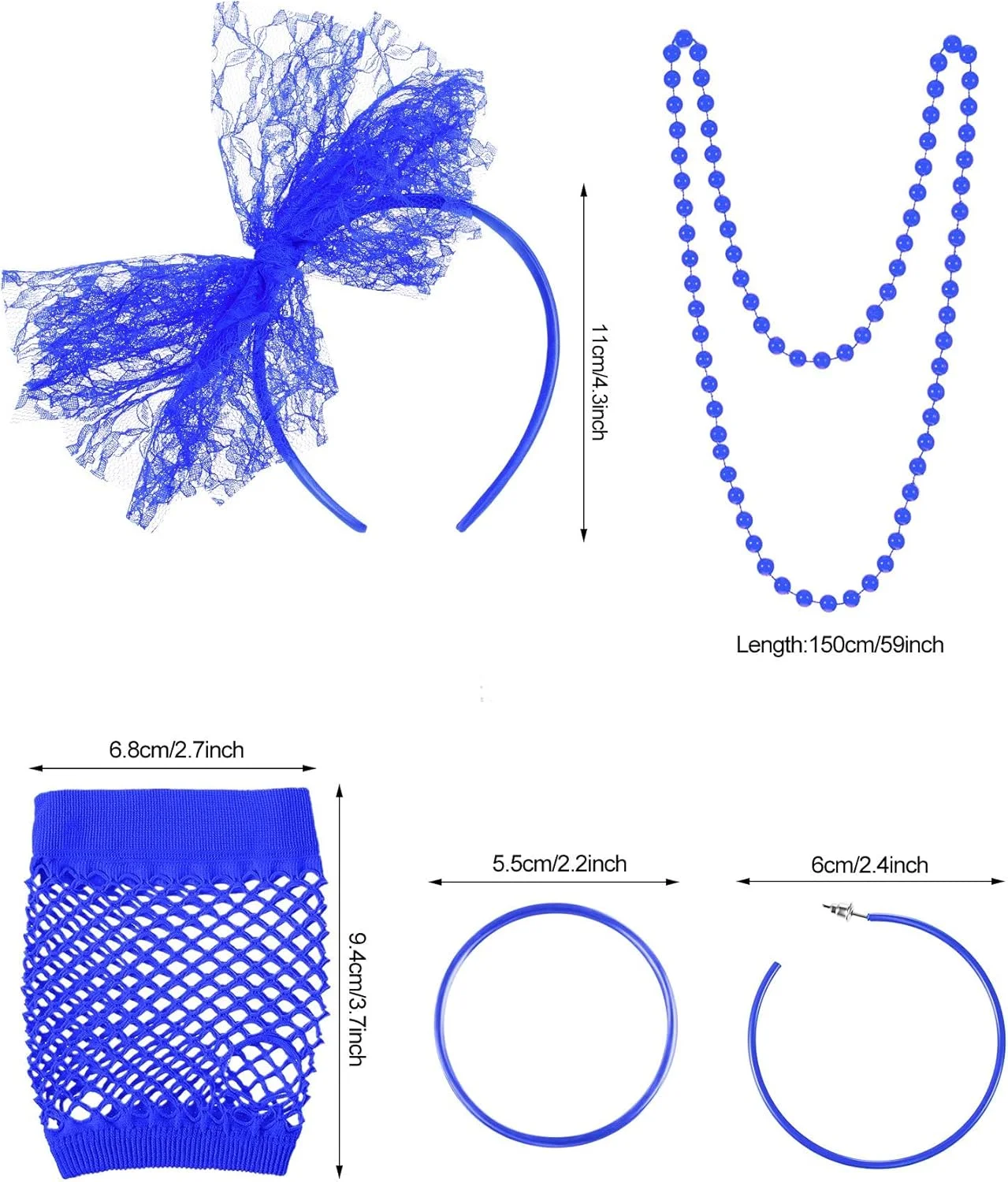اکسسوری لباس مهمانی دهه 80 شامل هدبند توری، گوشواره، دستکش توری، گردنبند و دستبند برای مهمانی های رترو (آبی سلطنتی) اکسسوری لباس مهمانی دهه 80 شامل هدبند توری، گوشواره، دستکش توری، گردنبند و دستبند برای مهمانی های رترو (آبی سلطنتی)