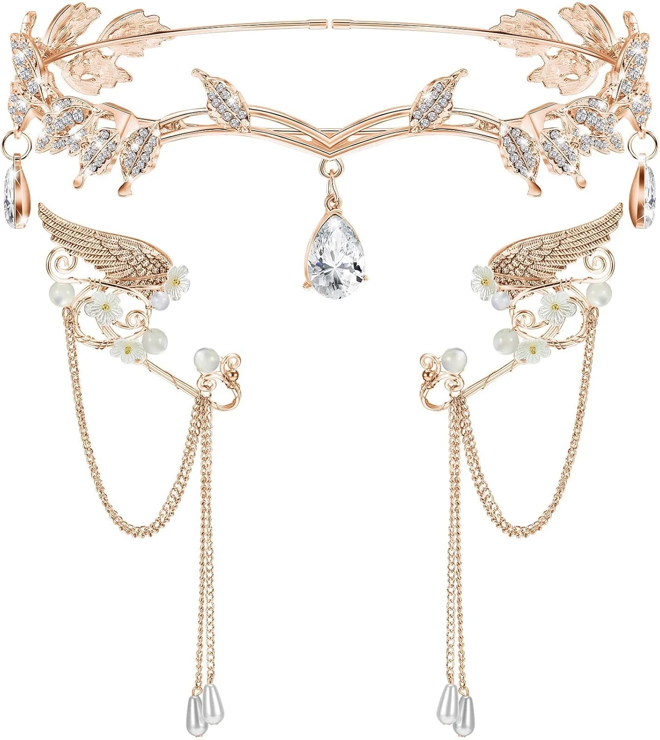 اکسفور هدبند نگین دار طرح برگ پری، کاف گوش الفی، تاج، گوشواره الفی، مناسب برای ایفای نقش پری، مسابقه، عروسی، جشن پروم، رزگلد اکسفور هدبند نگین دار طرح برگ پری، کاف گوش الفی، تاج، گوشواره الفی، مناسب برای ایفای نقش پری، مسابقه، عروسی، جشن پروم، رزگلد