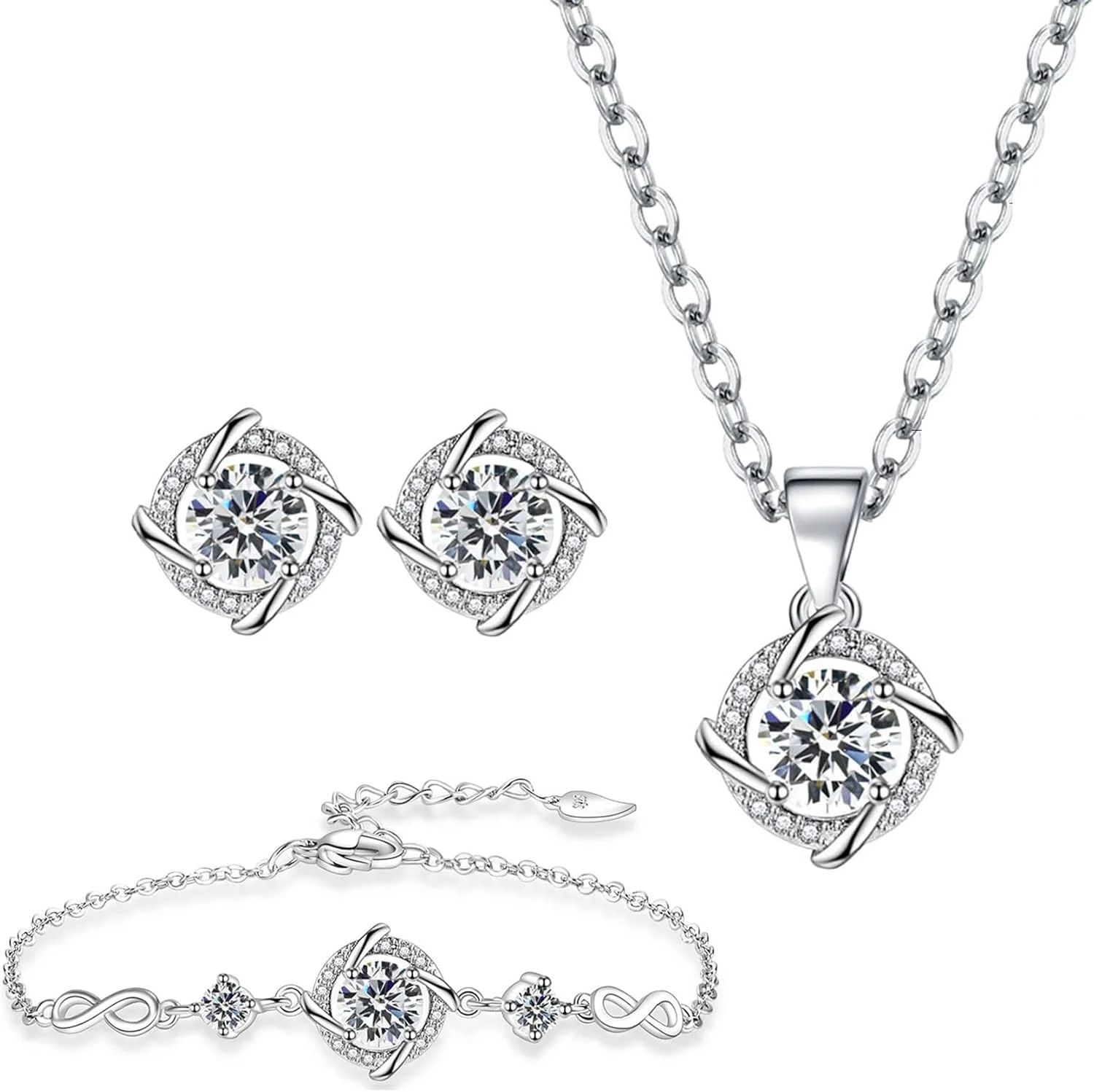 ست جواهرات زنانه، گردنبند زنجیر نقره ای، دستبند و گوشواره، آویز طرح شبدر چهار برگ ایتالیایی، هدیه جواهرات برای روز تولد، سالگرد ازدواج، عروسی، برای دختر، مادر، همسر، دوست