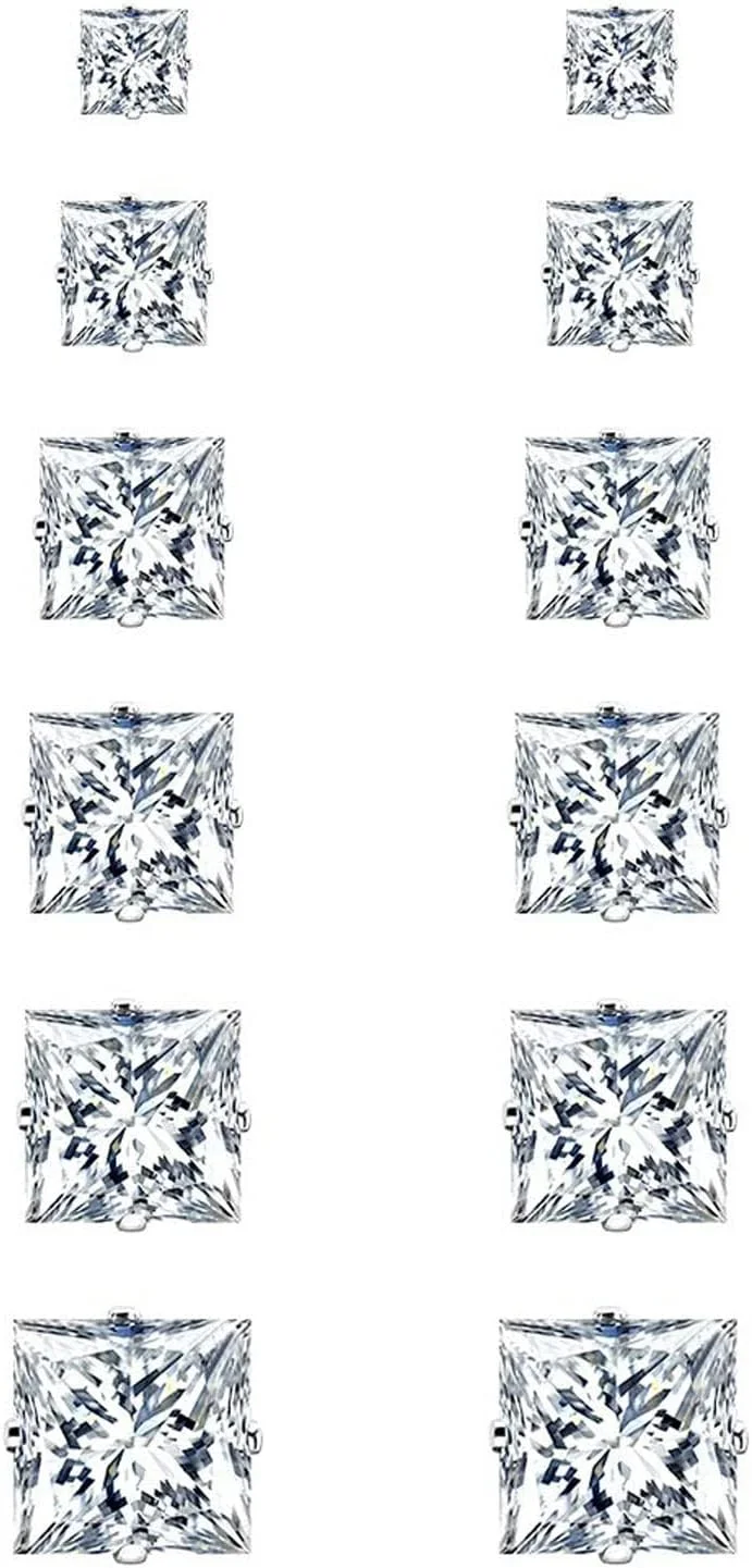 ست گوشواره میخی استیل ضد زنگ برای زنان، ضد حساسیت، مربعی، درخشان، زیرکونیا مکعبی، گوشواره های میخی 3-8 میلی متری، الماس مصنوعی، گوشواره های غضروفی برای زنان و مردان