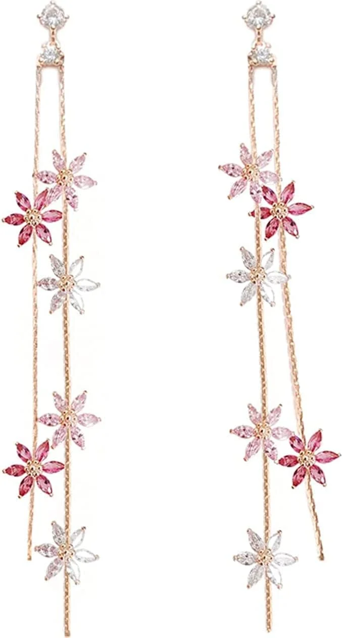 گوشواره های آویز گل اکسفور، سوزن نقره 925 با زیرکونیا مکعبی درجه AAA، گوشواره های آویز قطره ای برای زنان و دختران، گوشواره های نخی بلند ظریف