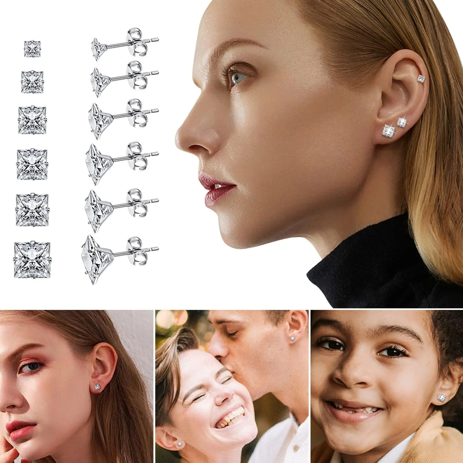ست گوشواره میخی استیل ضد زنگ برای زنان، ضد حساسیت، مربعی، درخشان، زیرکونیا مکعبی، گوشواره های میخی 3-8 میلی متری، الماس مصنوعی، گوشواره های غضروفی برای زنان و مردان