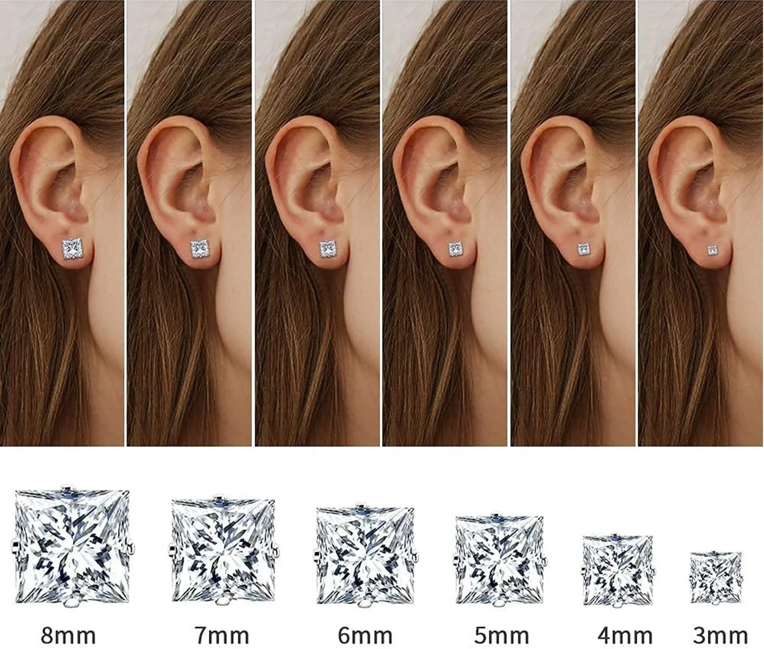 ست گوشواره میخی استیل ضد زنگ برای زنان، ضد حساسیت، مربعی، درخشان، زیرکونیا مکعبی، گوشواره های میخی 3-8 میلی متری، الماس مصنوعی، گوشواره های غضروفی برای زنان و مردان