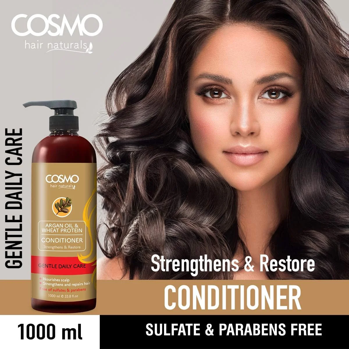 نرم کننده مو سی دی COSMO DESIGNS حاوی روغن آرگان و پروتئین گندم 1000 میلی لیتر، ضد شوره، کاهش ریزش مو، درمان مو و پوست سر