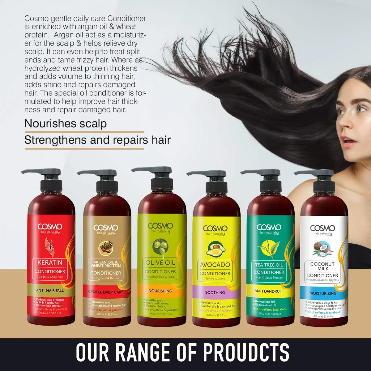 نرم کننده مو سی دی COSMO DESIGNS حاوی روغن آرگان و پروتئین گندم 1000 میلی لیتر، ضد شوره، کاهش ریزش مو، درمان مو و پوست سر
