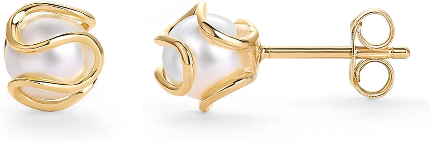 گوشواره های میخی مروارید کوچک قفس گرد با روکش طلای 14 عیار PAVOI - گوشواره های مرواریدی طلایی مد روز برای زنان - جواهرات کلاسیک عروس ضد حساسیت