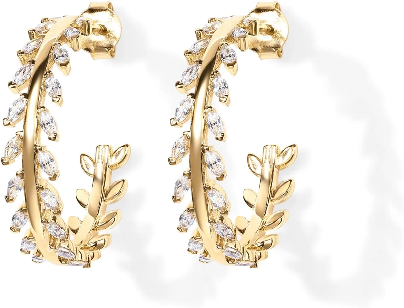 گوشواره های حلقه ای برگ نگین زیرکونیا با روکش طلای 14 عیار و پایه نقره استرلینگ 925 پاوی | گوشواره های حلقه ای طلایی زنانه گوشواره های حلقه ای برگ نگین زیرکونیا با روکش طلای 14 عیار و پایه نقره استرلینگ 925 پاوی | گوشواره های حلقه ای طلایی زنانه